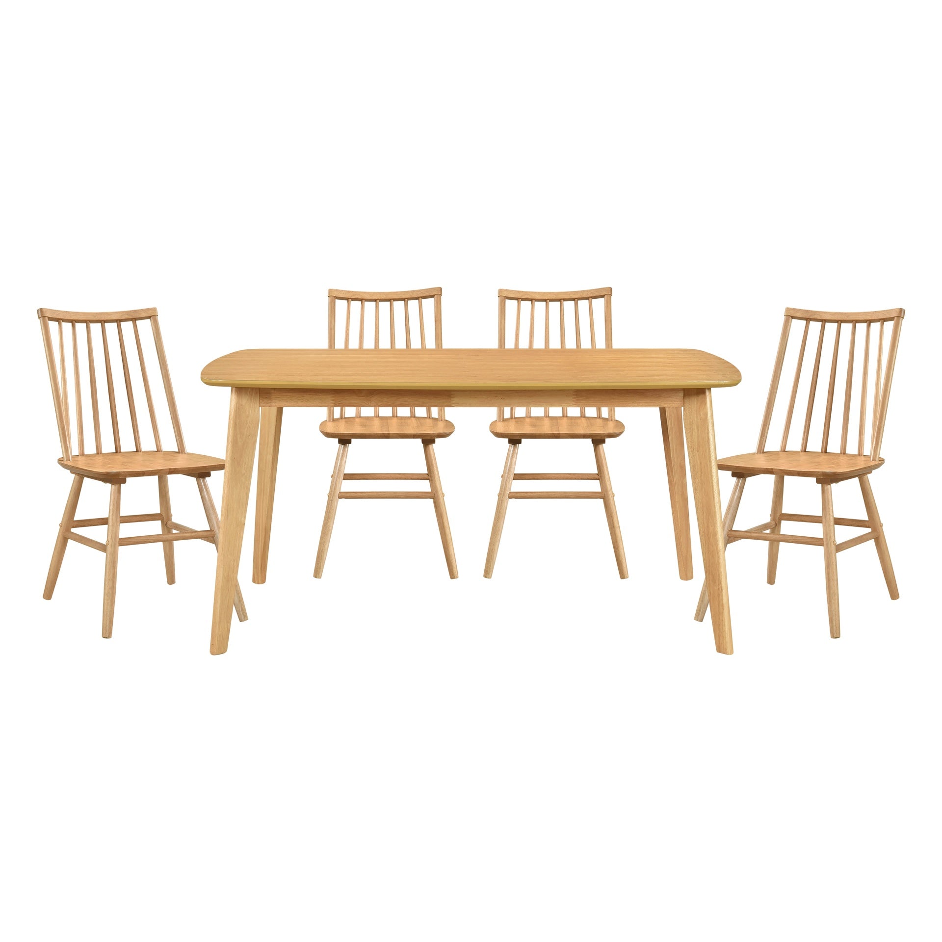 Natural Oak Finish Casual Dining 5pc Set Table and 4 Side Chairs Curved Backrest Windsor Wooden Dining Kitchen Furniture
