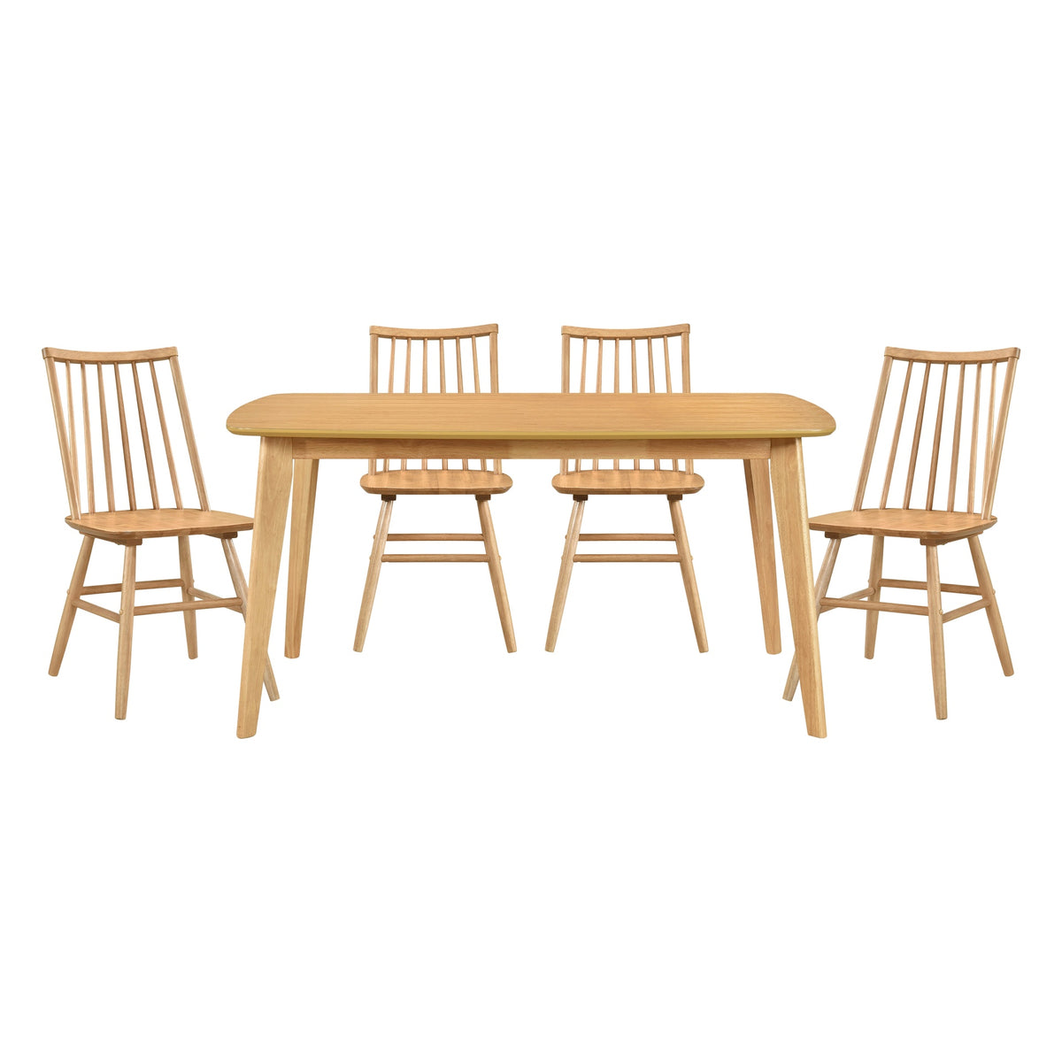Natural Oak Finish Casual Dining 5pc Set Table and 4 Side Chairs Curved Backrest Windsor Wooden Dining Kitchen Furniture