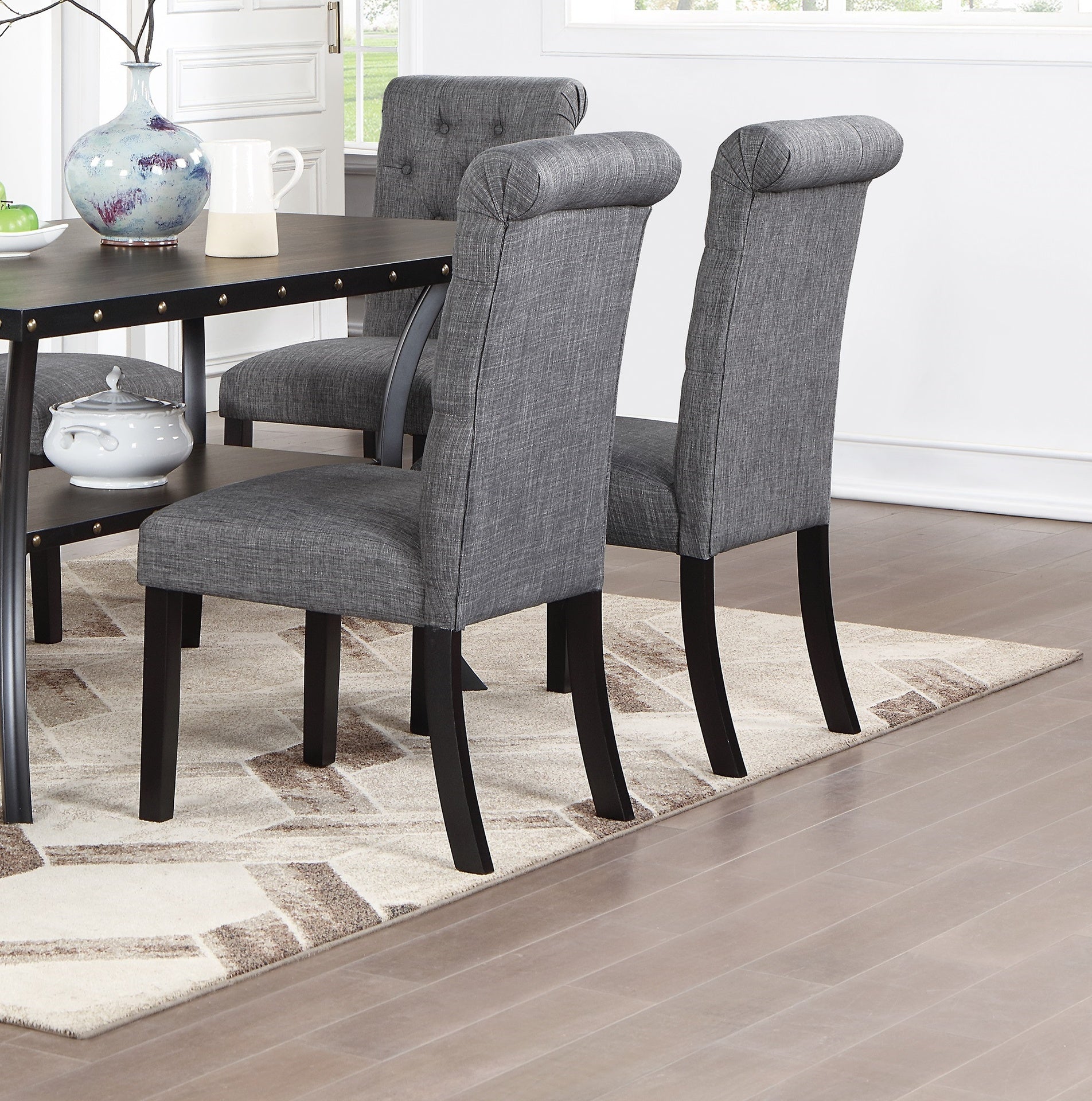 Classic Dining Room Furniture Natural Wooden Rectangle Top Dining Table 6x Side Chairs Charcoal Fabric Tufted Toll Back Top Back Chair and Storage Shelve 7pc Dining Set