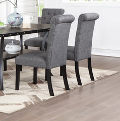 Classic Dining Room Furniture Natural Wooden Rectangle Top Dining Table 6x Side Chairs Charcoal Fabric Tufted Toll Back Top Back Chair and Storage Shelve 7pc Dining Set
