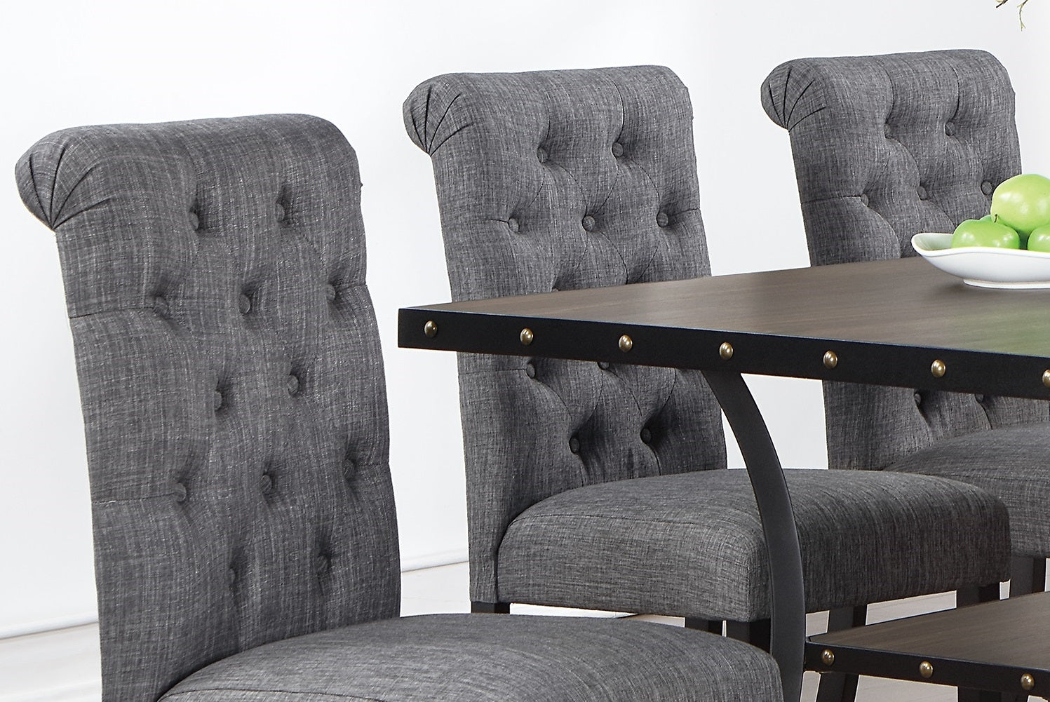 Classic Dining Room Furniture Natural Wooden Rectangle Top Dining Table 6x Side Chairs Charcoal Fabric Tufted Toll Back Top Back Chair and Storage Shelve 7pc Dining Set