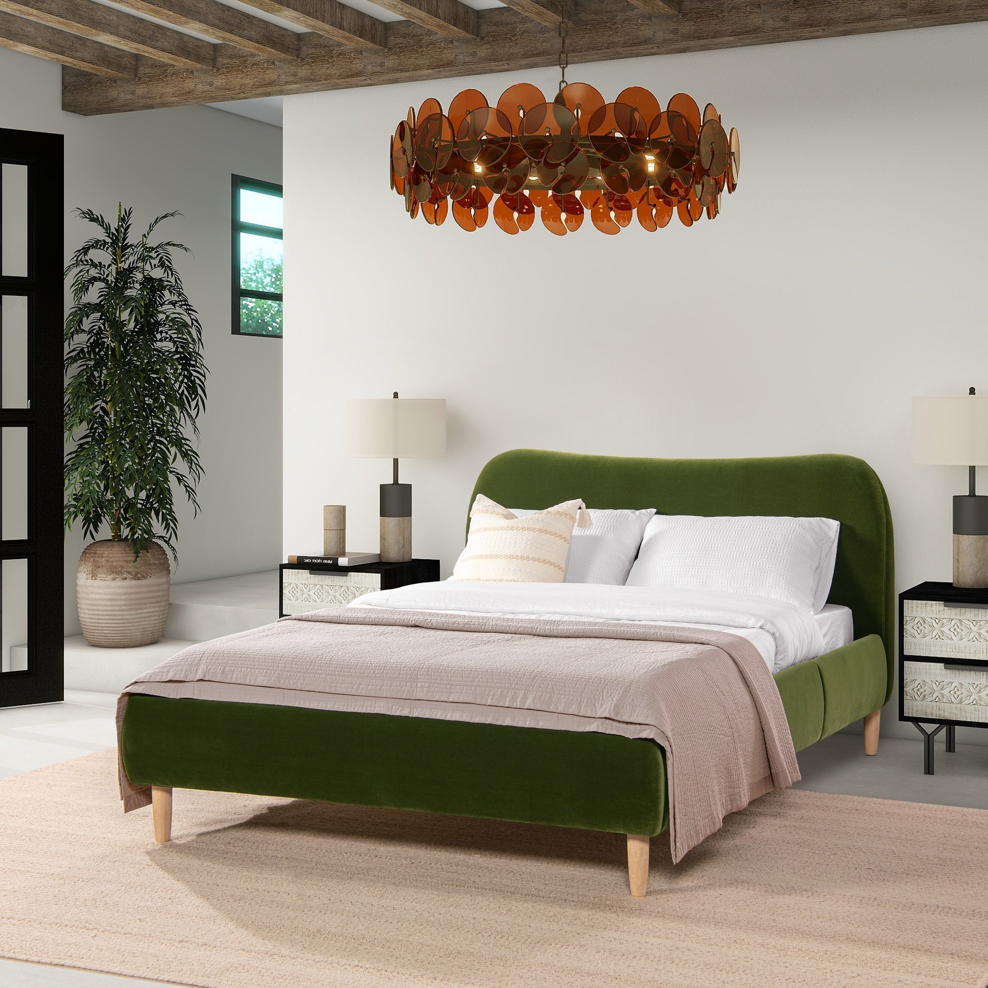 Roman Curved Headboard Upholstered Platform Bed, Queen, Olive Green Performance Velvet