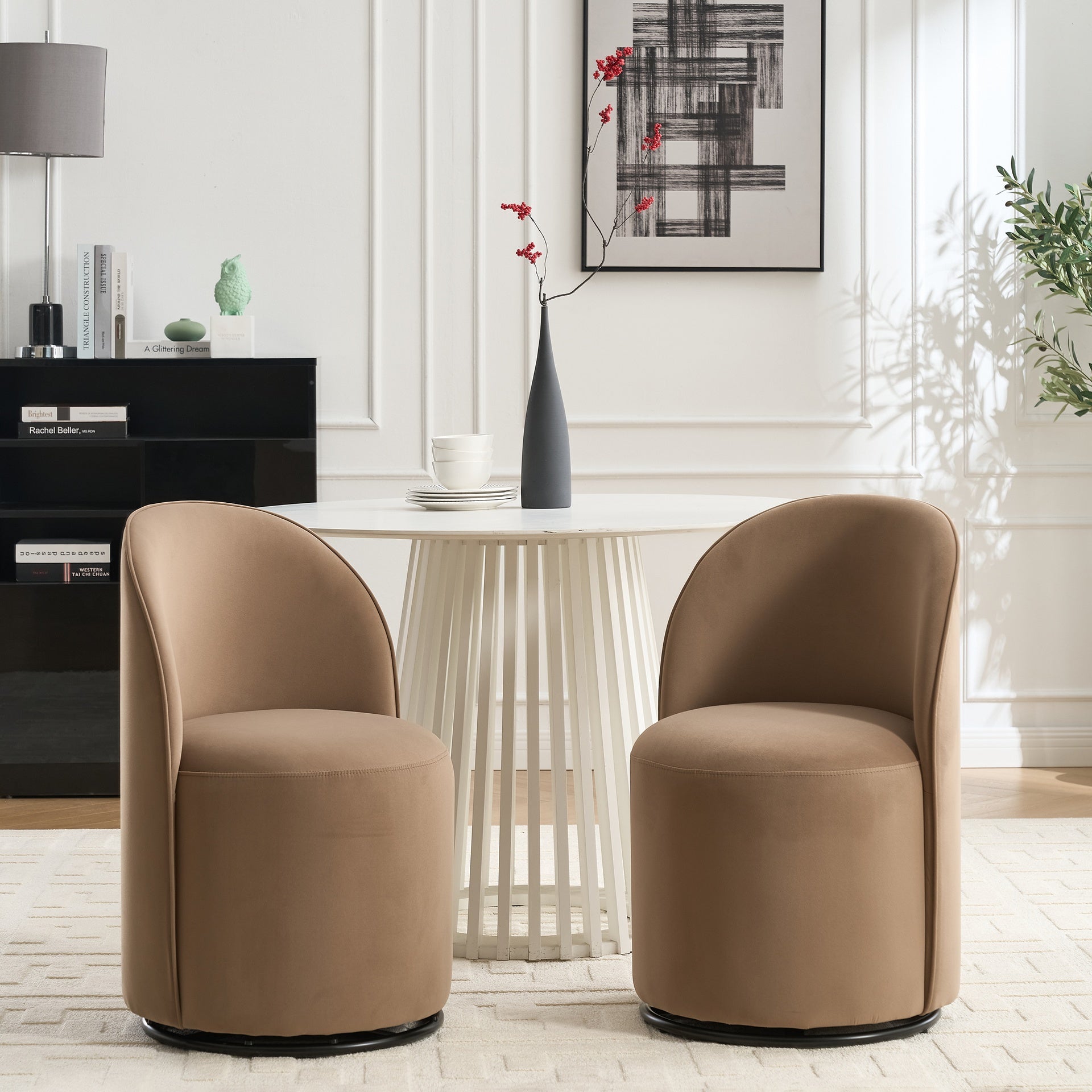 Set Of 1 Upholstered Kitchen & Dining Room Barrel Chair, Mid Century Modern Round Velvet Dining Chair, 360 Degree Swivel Comfy Armless Accent Makeup Vanity Side Chair for Bedroom Living Room
