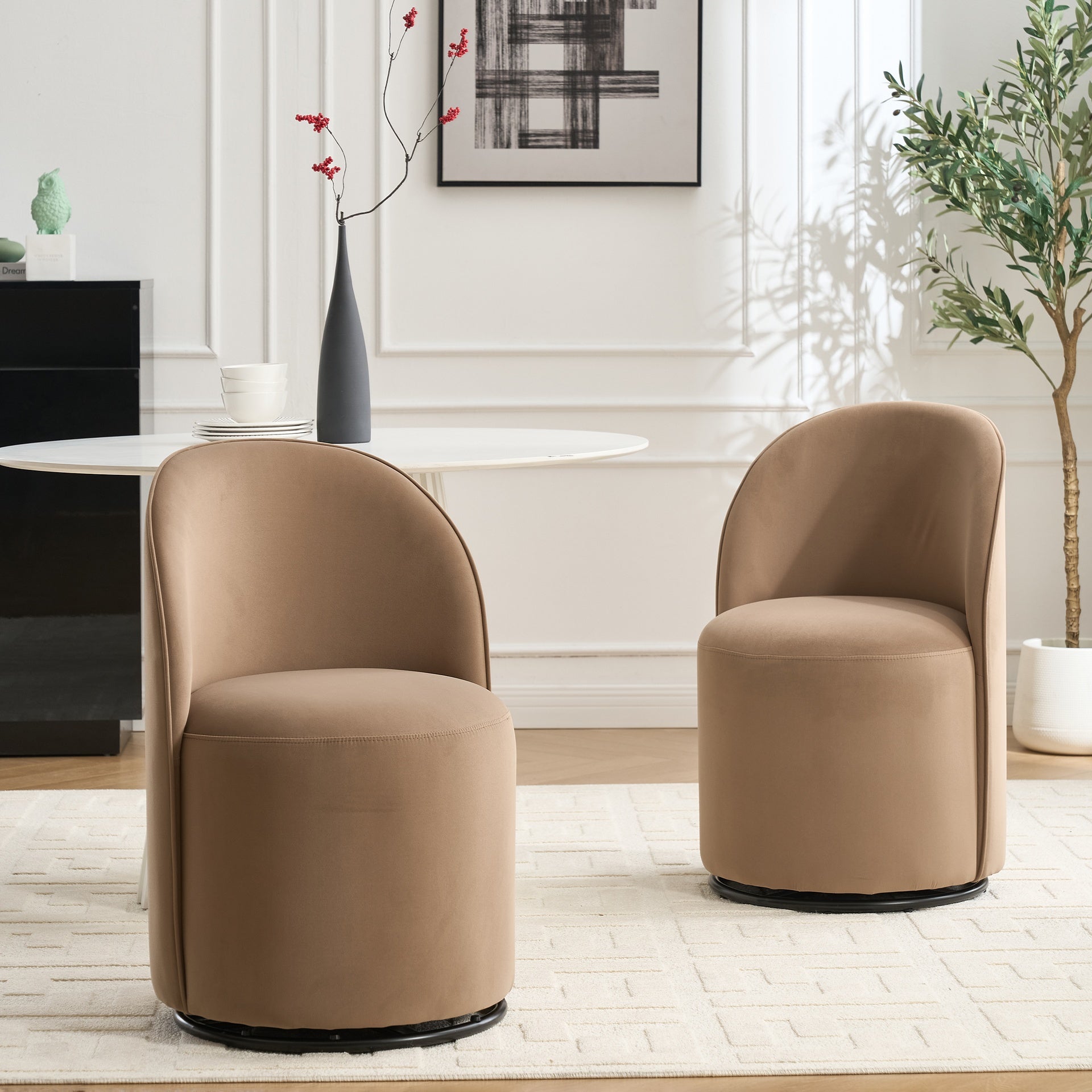 Set Of 1 Upholstered Kitchen & Dining Room Barrel Chair, Mid Century Modern Round Velvet Dining Chair, 360 Degree Swivel Comfy Armless Accent Makeup Vanity Side Chair for Bedroom Living Room