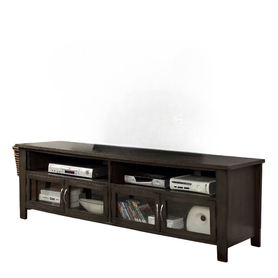 Transitional Style TV Console Base With Dual Cabinet And Two Open Shelves 3mm Tempered Glass On Cabinet Doors Rear Wearing Access Gray Finish