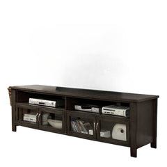 Transitional Style TV Console Base With Dual Cabinet And Two Open Shelves 3mm Tempered Glass On Cabinet Doors Rear Wearing Access Gray Finish