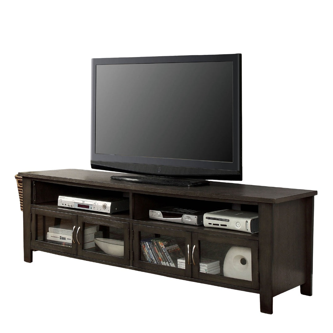 Transitional Style TV Console Base With Dual Cabinet And Two Open Shelves 3mm Tempered Glass On Cabinet Doors Rear Wearing Access Gray Finish