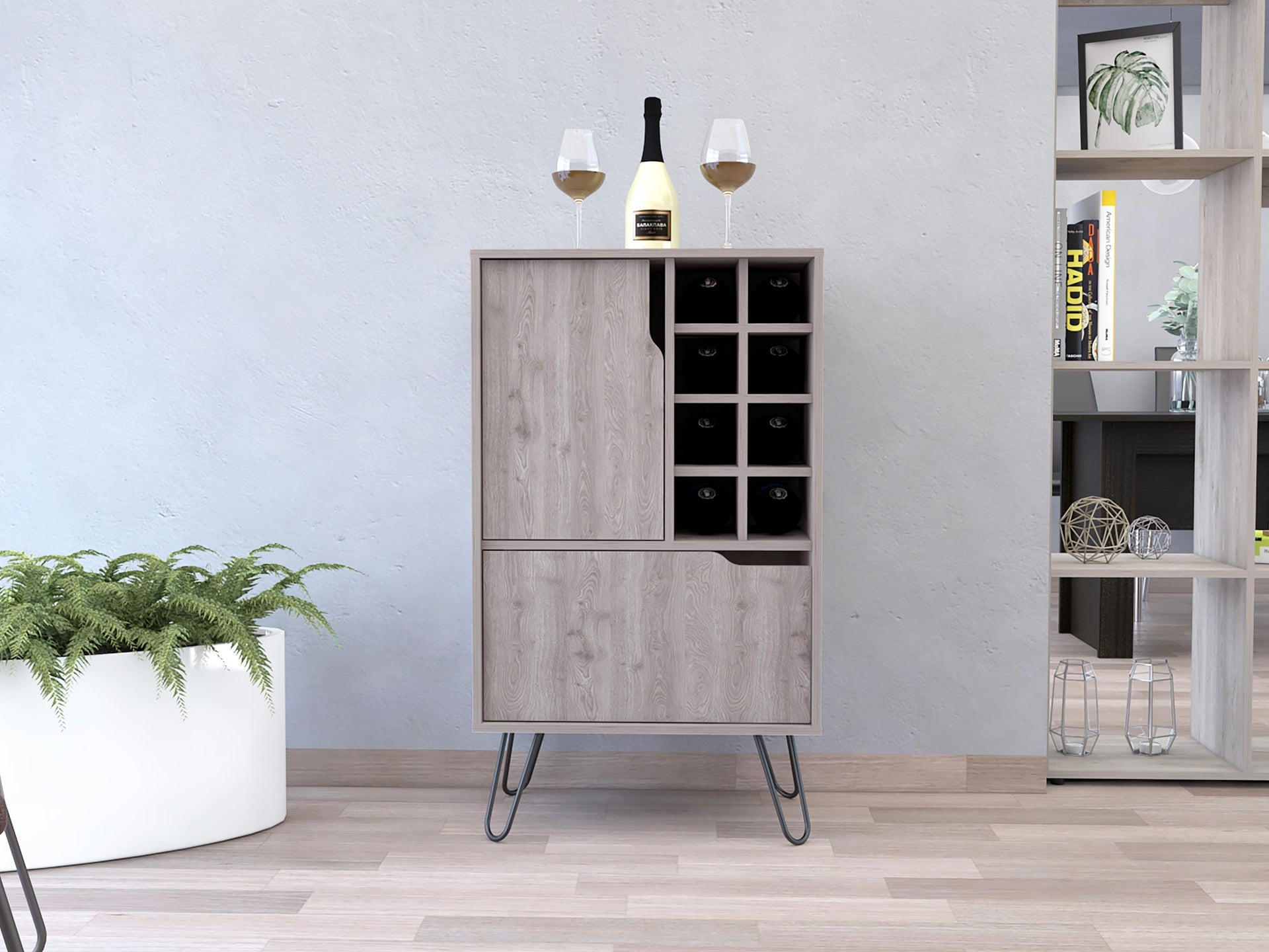 Sheffield L Bar C, Two Cabinet, Hairpin Legs, Eight Cubbies For liquor