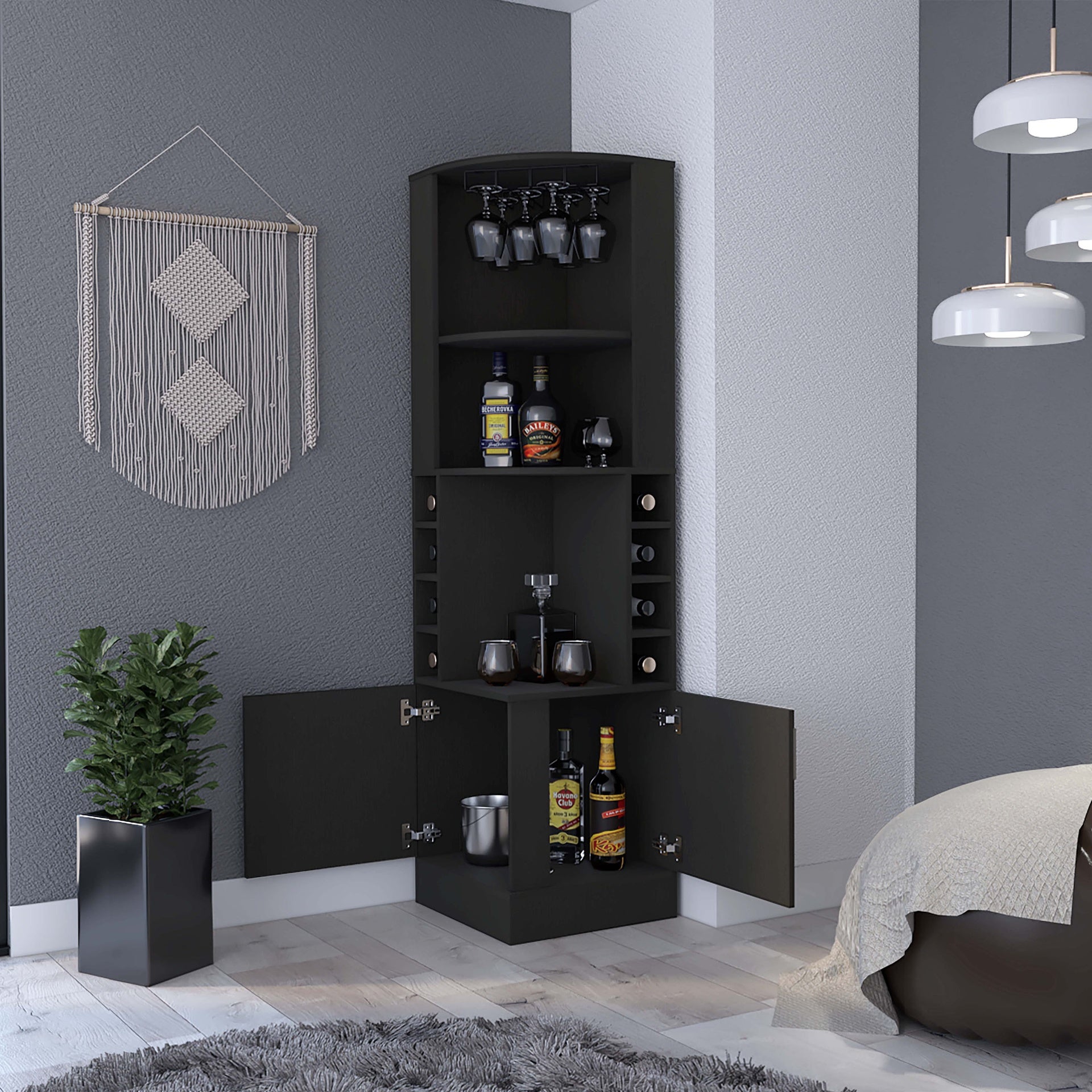 Seattle Bar Cabinet, Eight Bottle Cubbies, Two Large Open Shelves