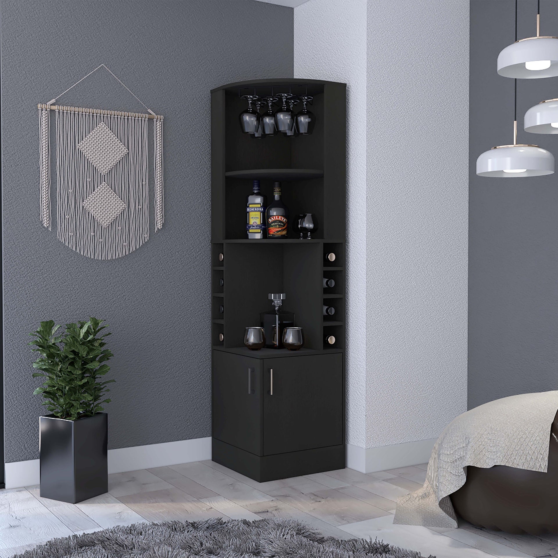 Seattle Bar Cabinet, Eight Bottle Cubbies, Two Large Open Shelves
