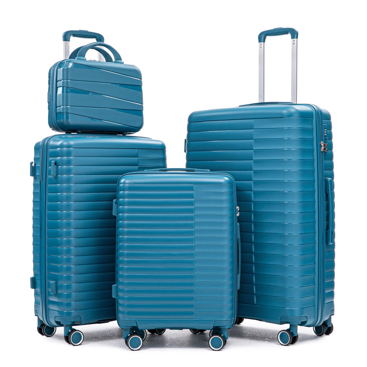 14"/20"/24"/28"  4 pcs/set in PP Spinner Wheel Luggage, Carry on Suitcase, Iron Pull Rod, Combination Password Lock, 14" Cosmetic Case (Blue)
