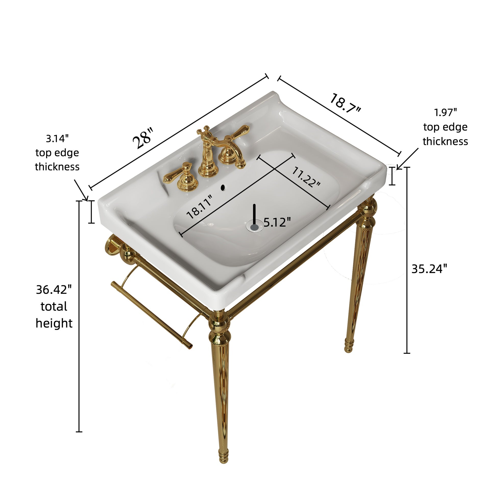 VICI 28" Bathroom Console Sink, Wall-Mounted White Ceramic Vanity Basin with 3 Pre-drilled Faucet Holes, Freestanding Stainless Steel Support Legs with Towel Bar, No Faucet & Sink Cover, Gold Color