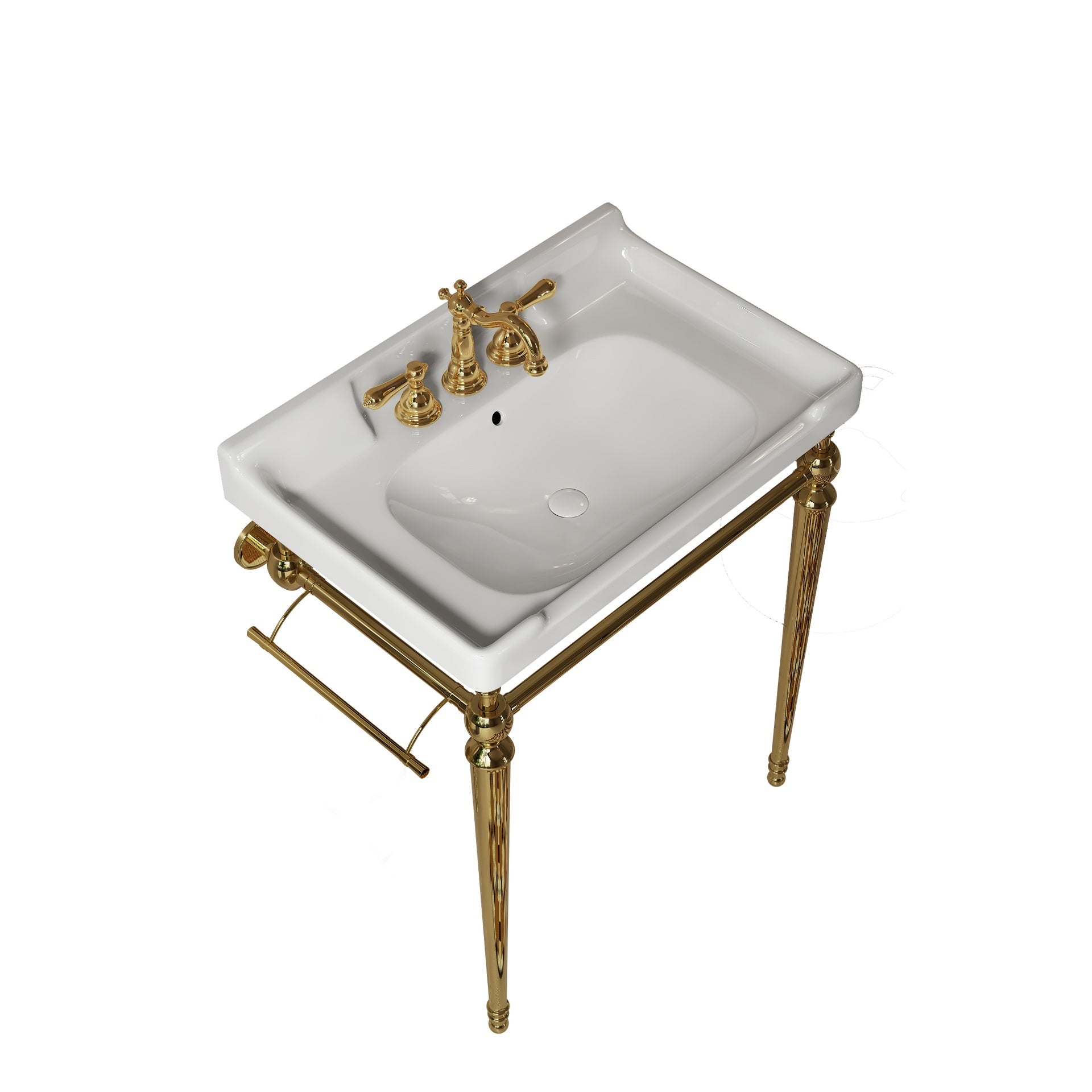 VICI 28" Bathroom Console Sink, Wall-Mounted White Ceramic Vanity Basin with 3 Pre-drilled Faucet Holes, Freestanding Stainless Steel Support Legs with Towel Bar, No Faucet & Sink Cover, Gold Color