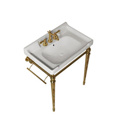 VICI 28" Bathroom Console Sink, Wall-Mounted White Ceramic Vanity Basin with 3 Pre-drilled Faucet Holes, Freestanding Stainless Steel Support Legs with Towel Bar, No Faucet & Sink Cover, Gold Color
