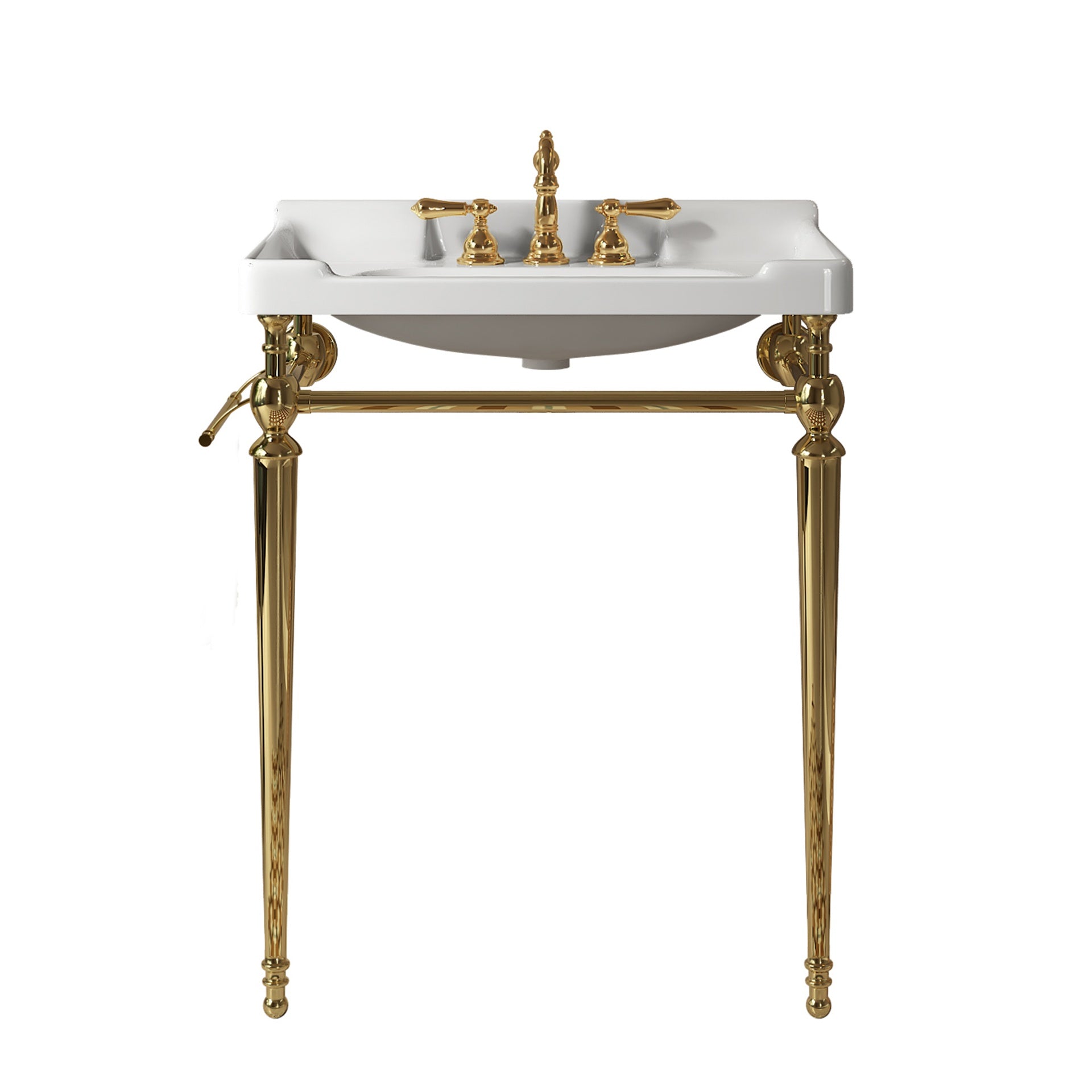 VICI 28" Bathroom Console Sink, Wall-Mounted White Ceramic Vanity Basin with 3 Pre-drilled Faucet Holes, Freestanding Stainless Steel Support Legs with Towel Bar, No Faucet & Sink Cover, Gold Color