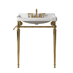 VICI 28" Bathroom Console Sink, Wall-Mounted White Ceramic Vanity Basin with 3 Pre-drilled Faucet Holes, Freestanding Stainless Steel Support Legs with Towel Bar, No Faucet & Sink Cover, Gold Color