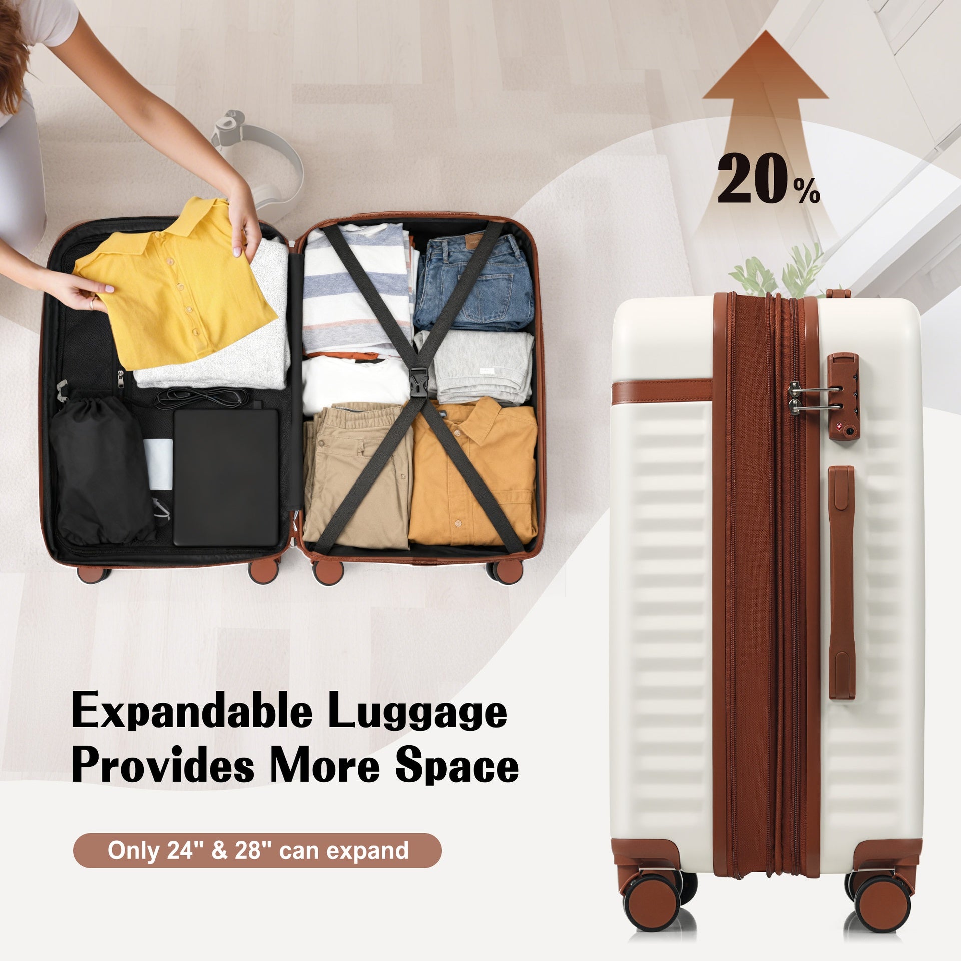 Luggage Set of 3, 20inch with USB Port, front opening design Airline Certified Carry on Luggage, ABS Hard Shell Luggage with Spinner Wheels,White and Brown