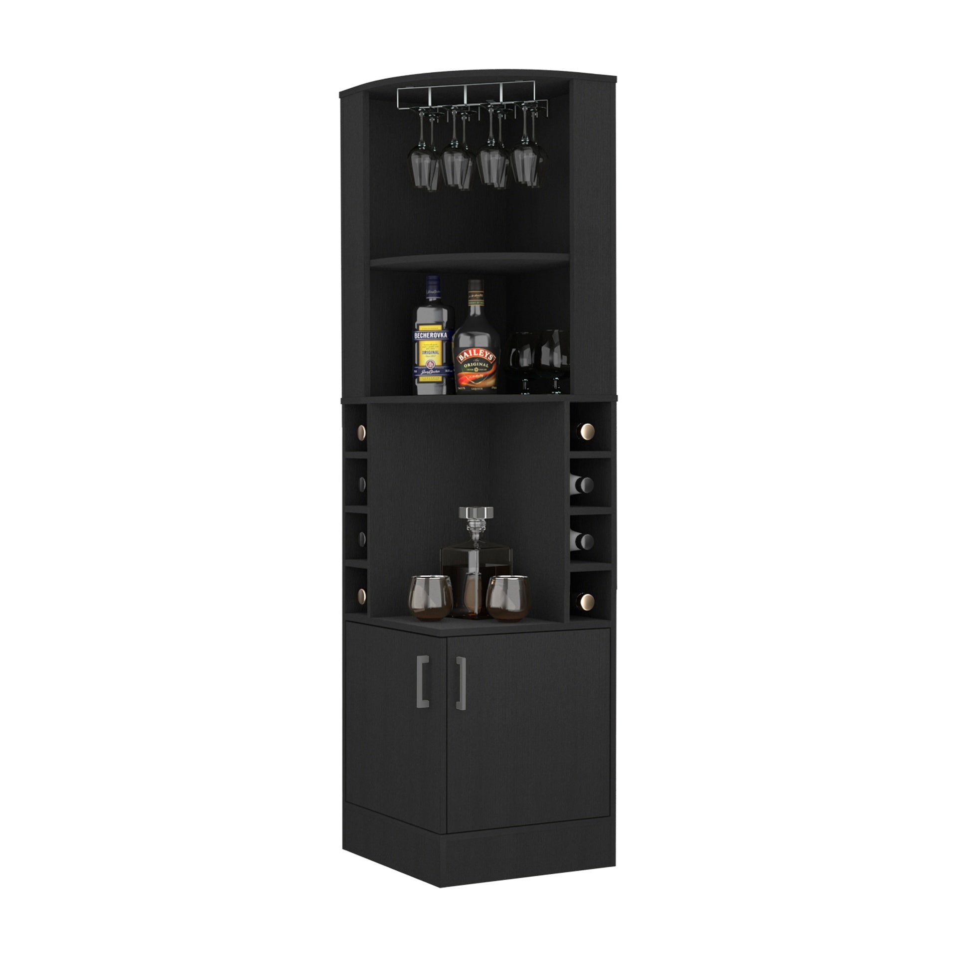 Bar Cabinet Papprika, 8 Wine Cubbies, Double Door, Black Wengue Finish