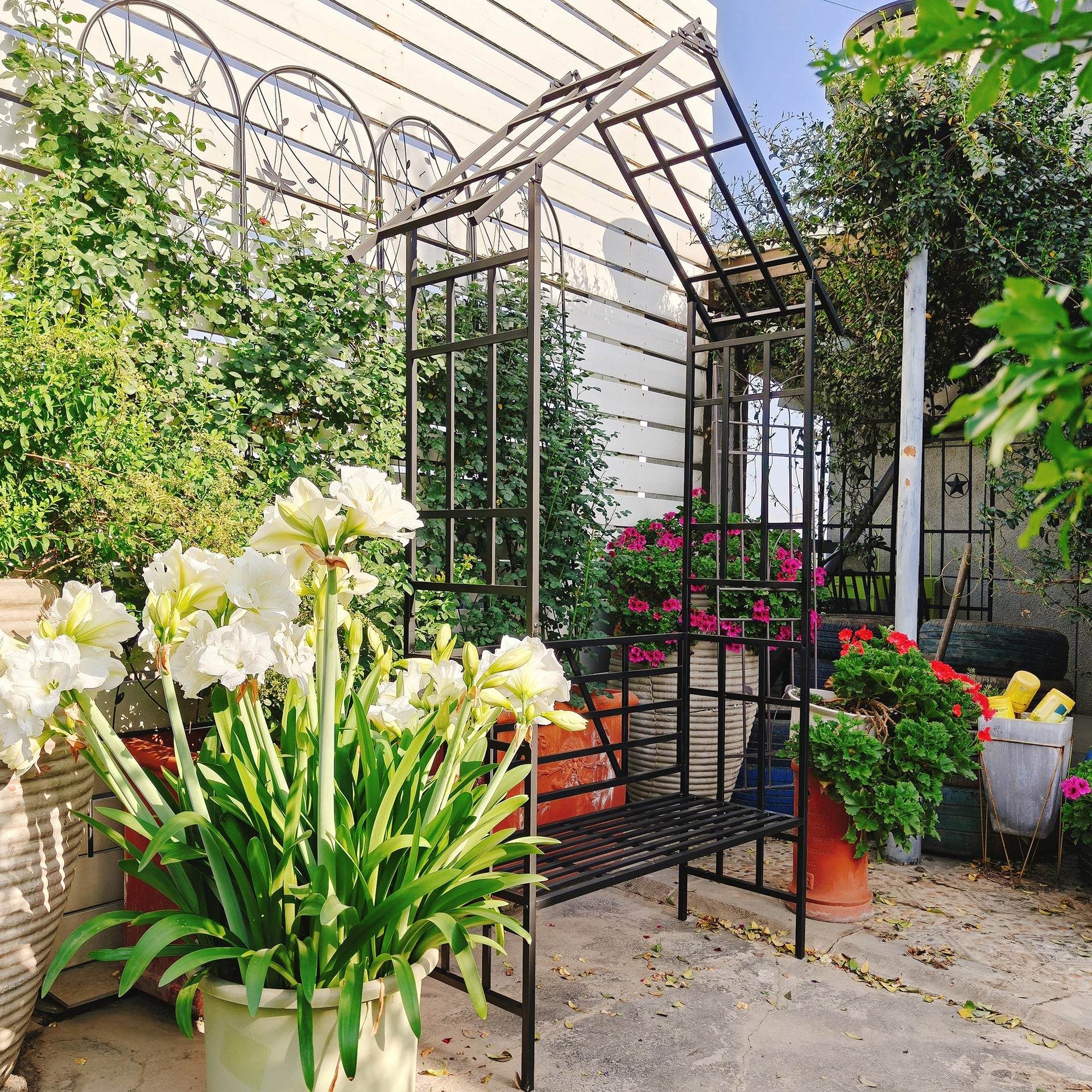 Metal Garden Arch with Bench Turned into Flower Stand W58.07*H97.24 Climbing Plants Support Rose Arch Outdoor Black