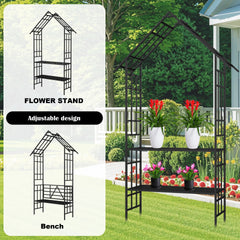 Metal Garden Arch with Bench Turned into Flower Stand W58.07*H97.24 Climbing Plants Support Rose Arch Outdoor Black