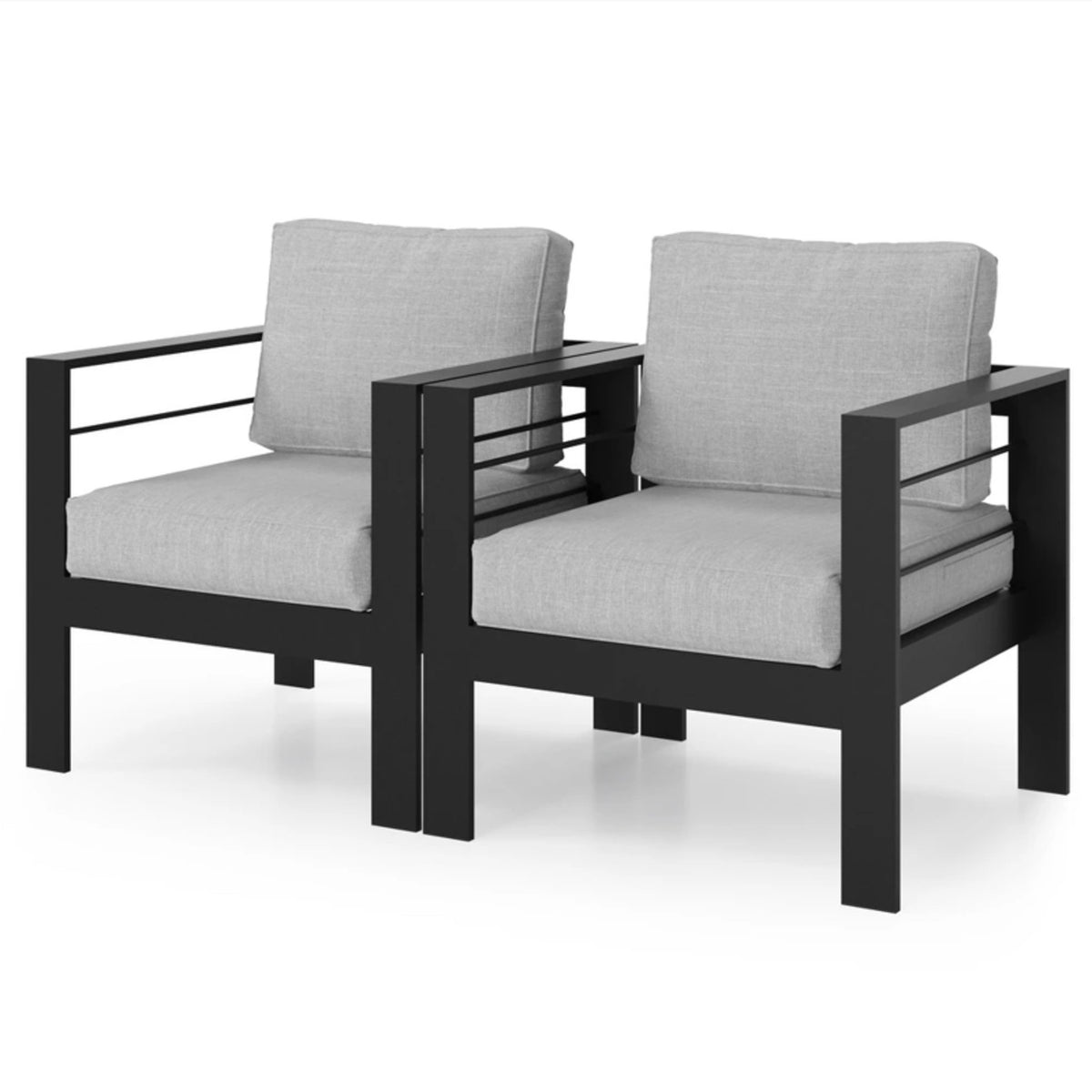 2-Pack 28" All-Weather Aluminum Patio Armchairs with Thick light Gray Cushions & Black Frame