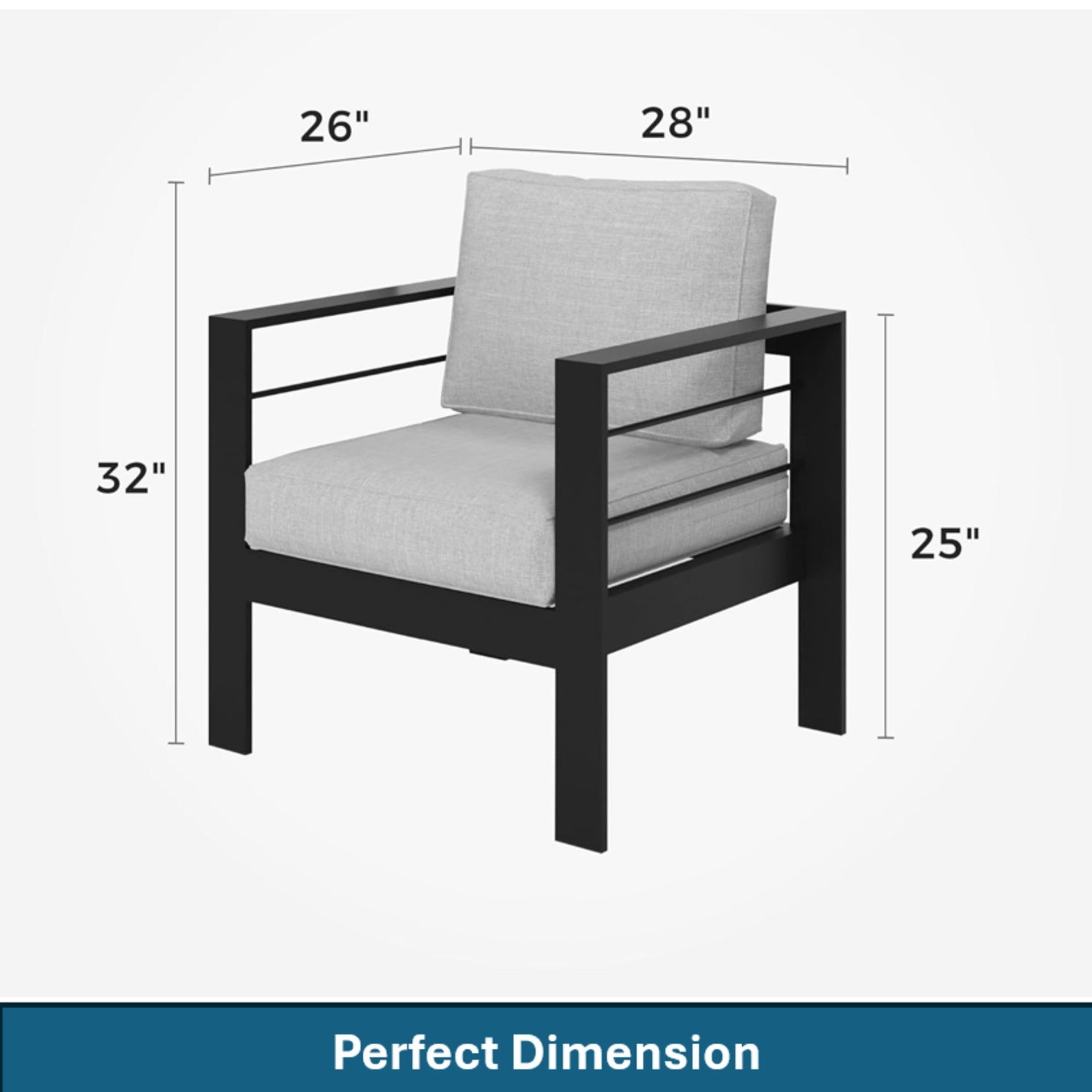 2-Pack 28" All-Weather Aluminum Patio Armchairs with Thick light Gray Cushions & Black Frame
