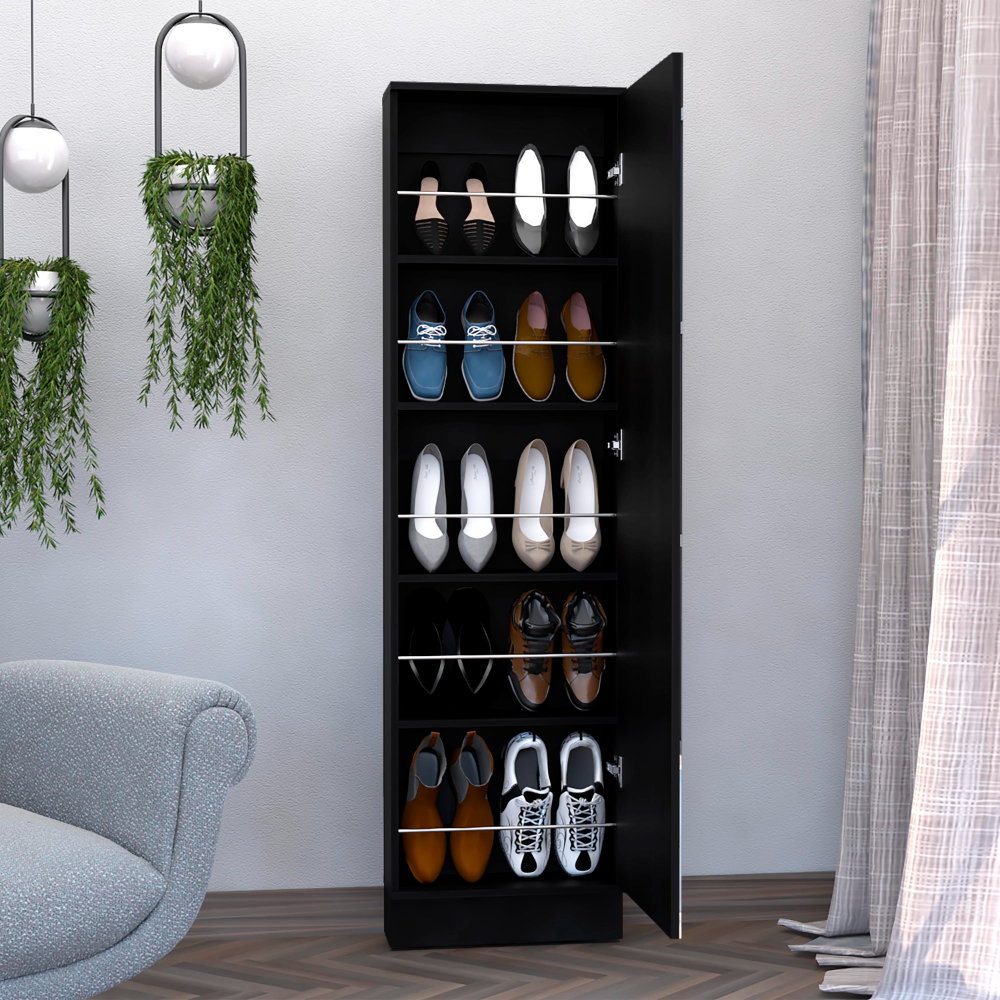 Shoe rack 67" H, five internal Storage Shelves, a mirror, a door, approximate capacity of 10 pairs of shoes, black
