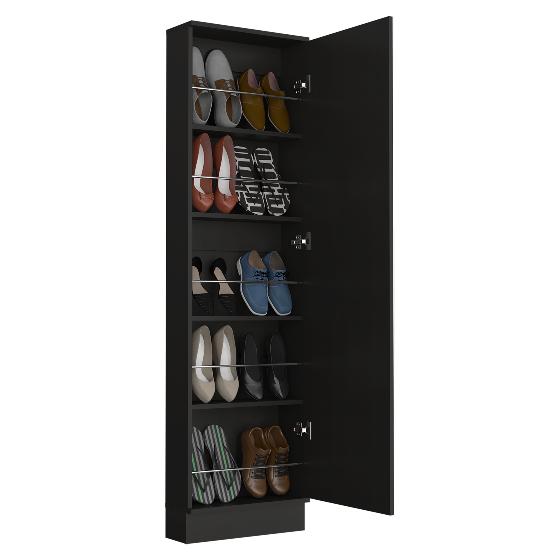 Shoe rack 67" H, five internal Storage Shelves, a mirror, a door, approximate capacity of 10 pairs of shoes, black