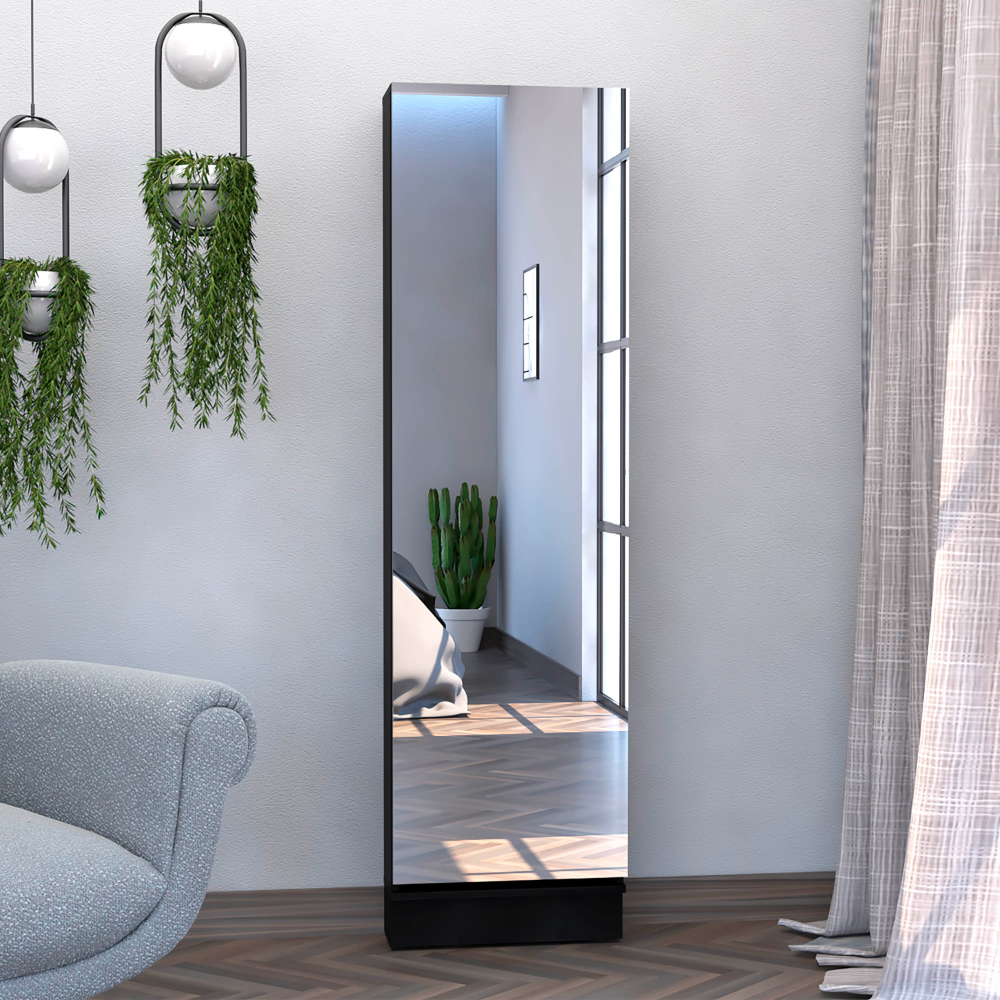 Shoe rack 67" H, five internal Storage Shelves, a mirror, a door, approximate capacity of 10 pairs of shoes, black