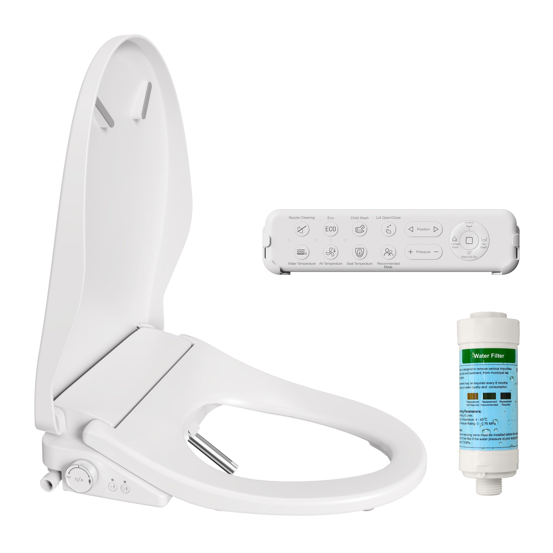 Smart Bidet Toilet Seat with Side Knob Adjustable Heated Seat with Water Temperature and Pressure Adjustment Portable Bidet with Automatic Nozzle Cleaning