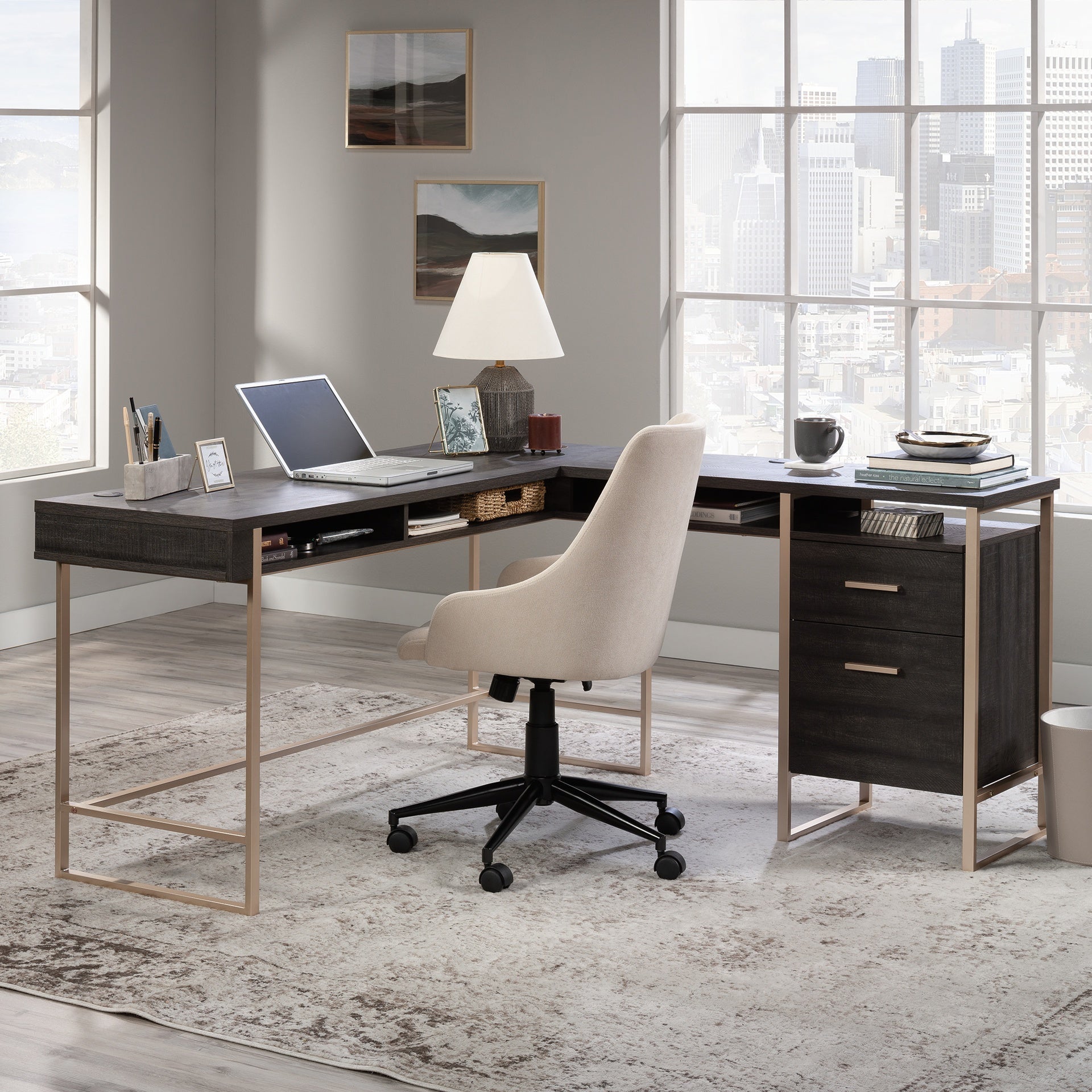 L-Shaped Desk with Large Desktop, Black finish