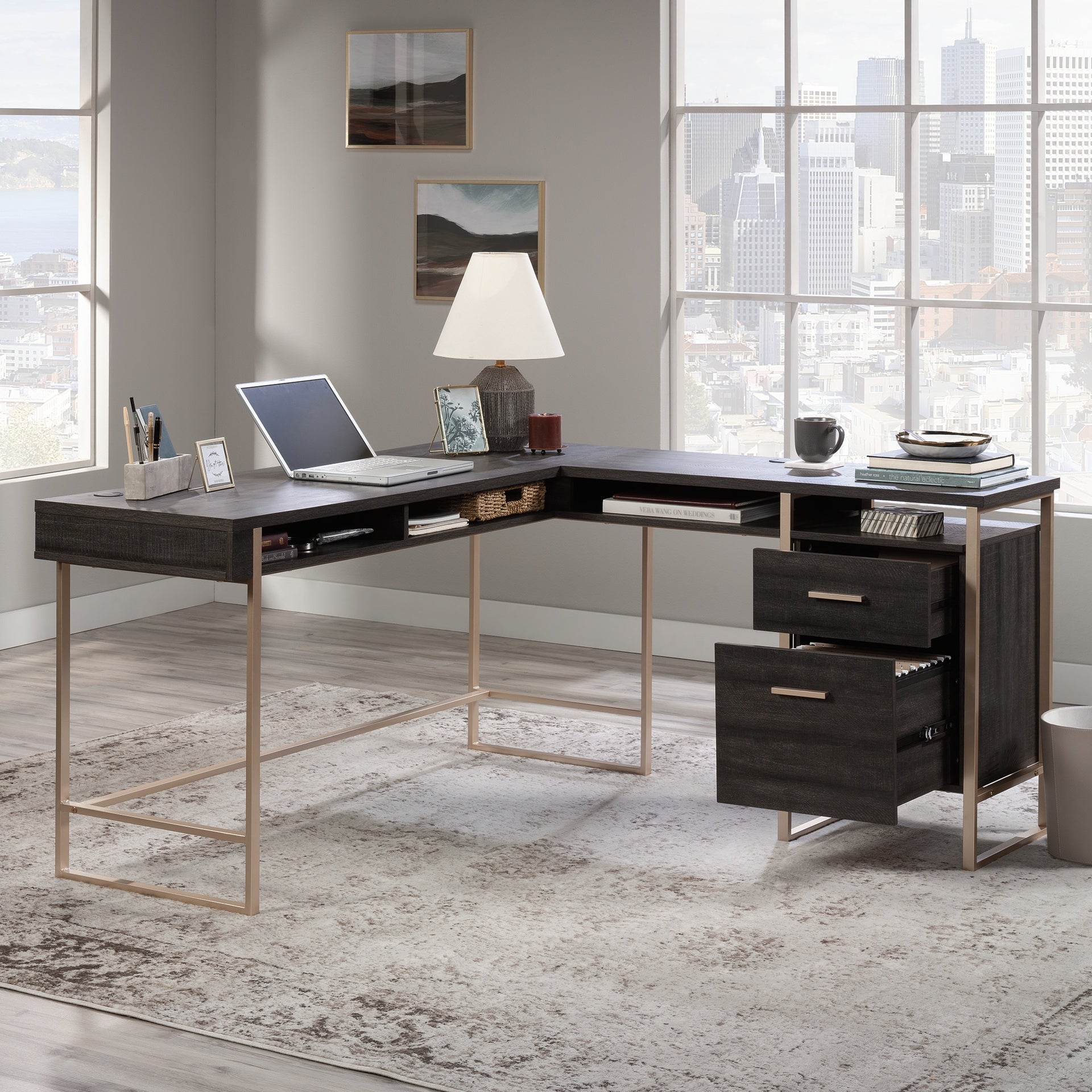 L-Shaped Desk with Large Desktop, Black finish