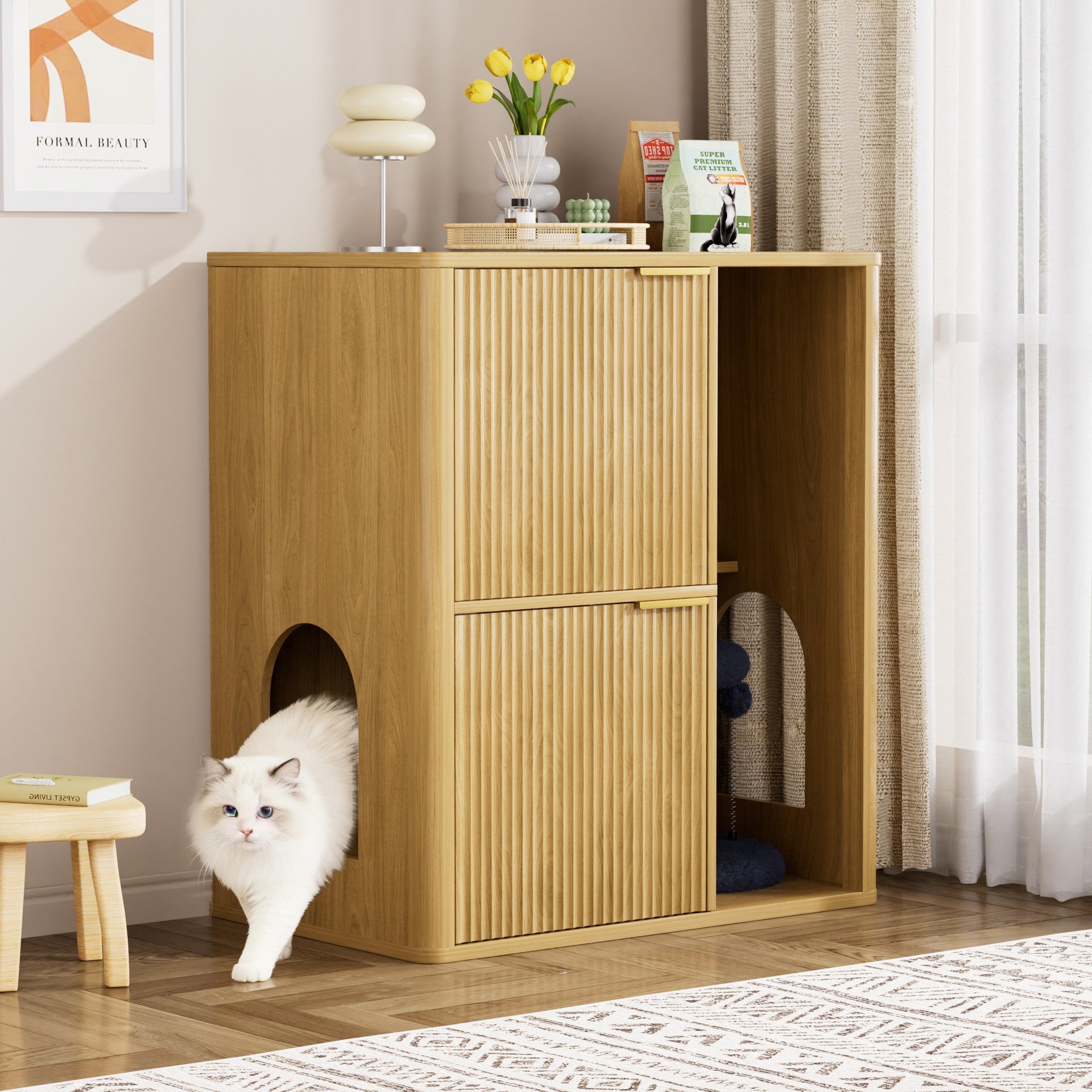 31.5-inch Light Wood Cat Litter Cabinet with Cat Tree - Grooved Concealed Litter Furniture Featuring Dual Cat Doors and Storage Shelves, Versatile Pet Cabinet for Living Rooms or Bedrooms