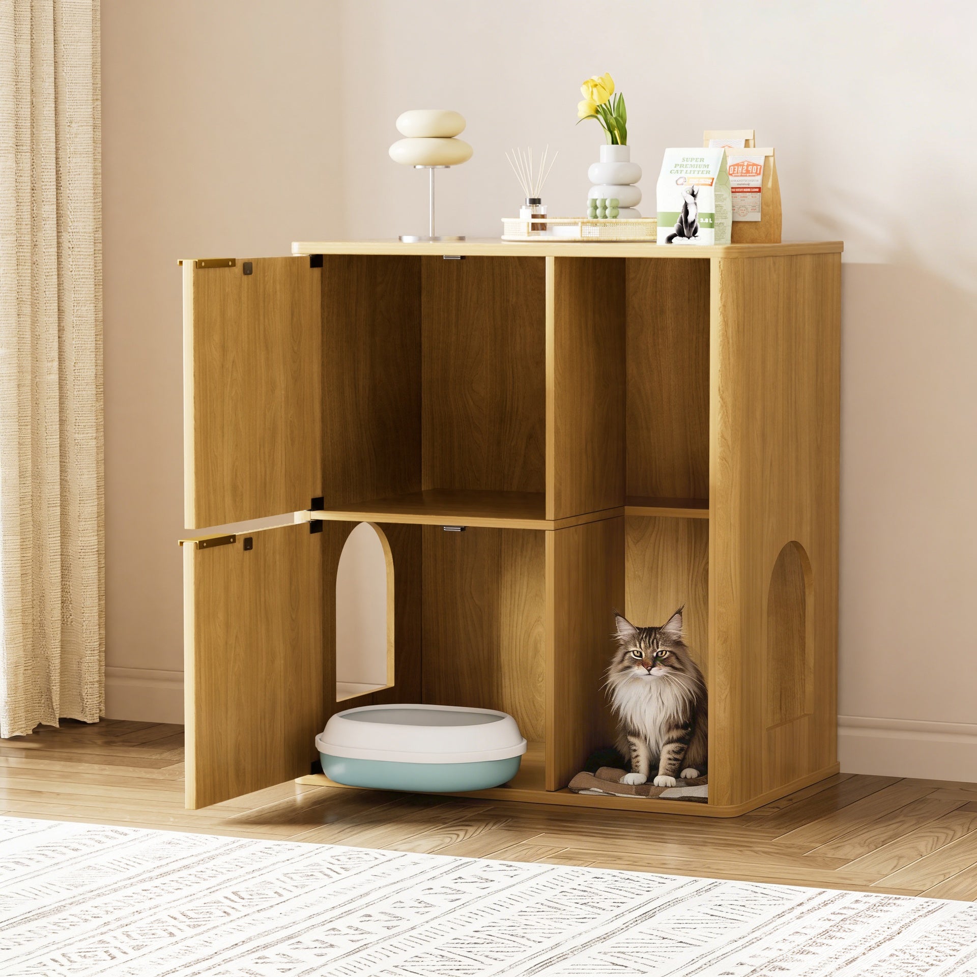 31.5-inch Light Wood Cat Litter Cabinet with Cat Tree - Grooved Concealed Litter Furniture Featuring Dual Cat Doors and Storage Shelves, Versatile Pet Cabinet for Living Rooms or Bedrooms