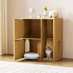 31.5-inch Light Wood Cat Litter Cabinet with Cat Tree - Grooved Concealed Litter Furniture Featuring Dual Cat Doors and Storage Shelves, Versatile Pet Cabinet for Living Rooms or Bedrooms
