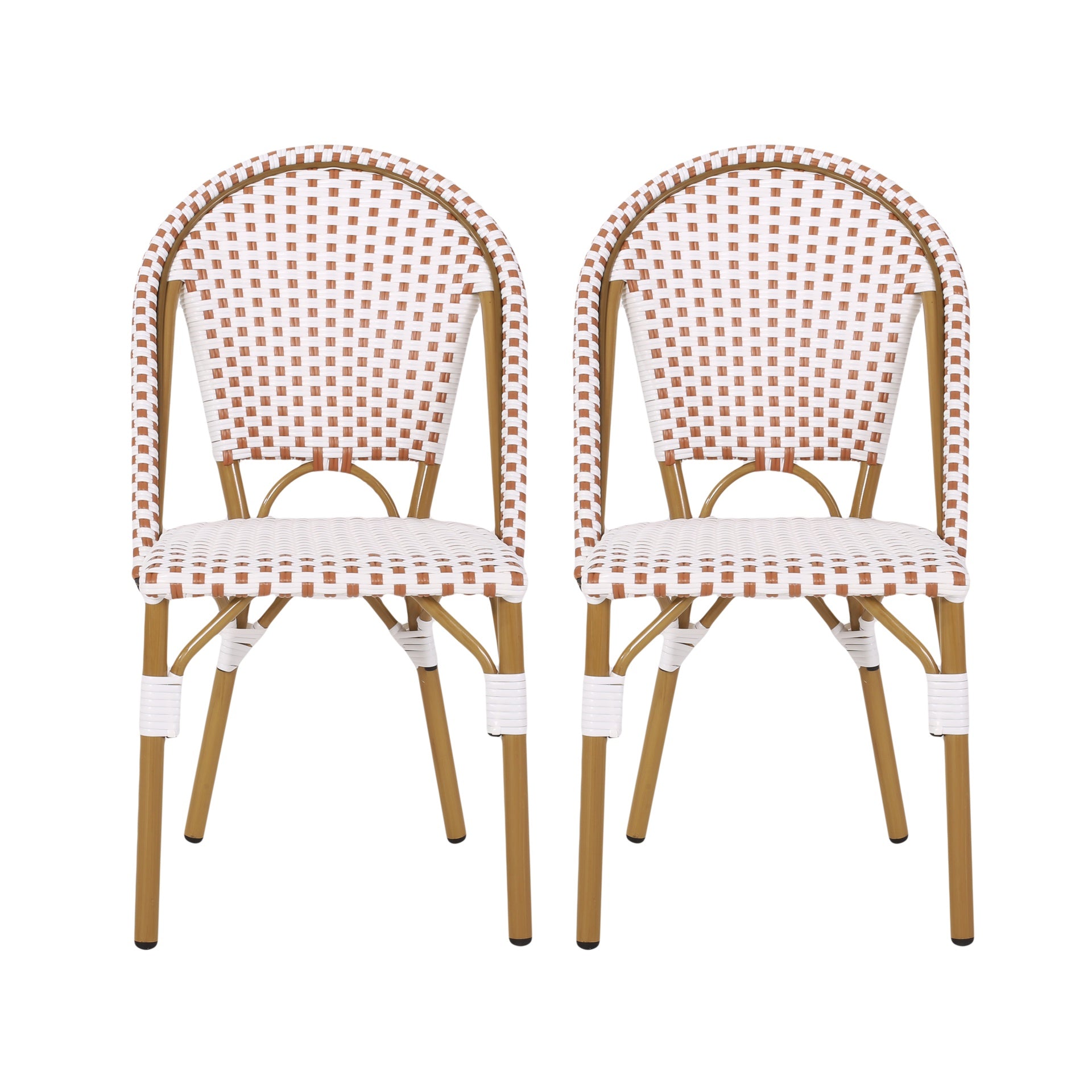 Outdoor PE Ratten and Aluminum French Bistro Chairs, Set of 2, Rusted Red & White, Bamboo Print Finish