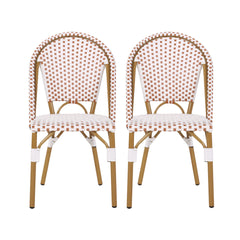 Outdoor PE Ratten and Aluminum French Bistro Chairs, Set of 2, Rusted Red & White, Bamboo Print Finish