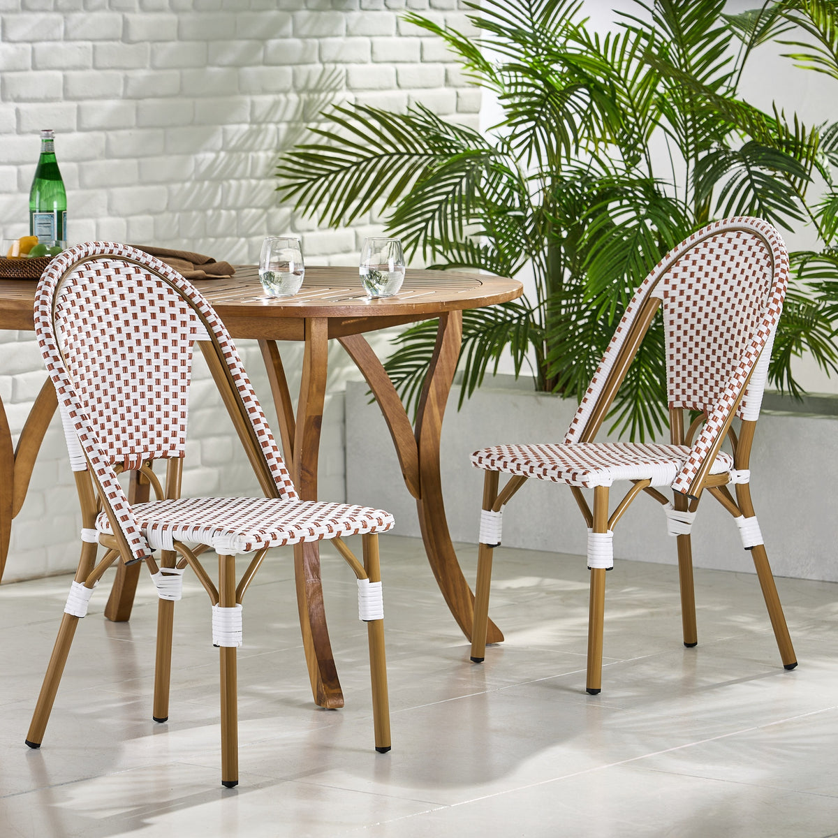 Outdoor PE Ratten and Aluminum French Bistro Chairs, Set of 2, Rusted Red & White, Bamboo Print Finish