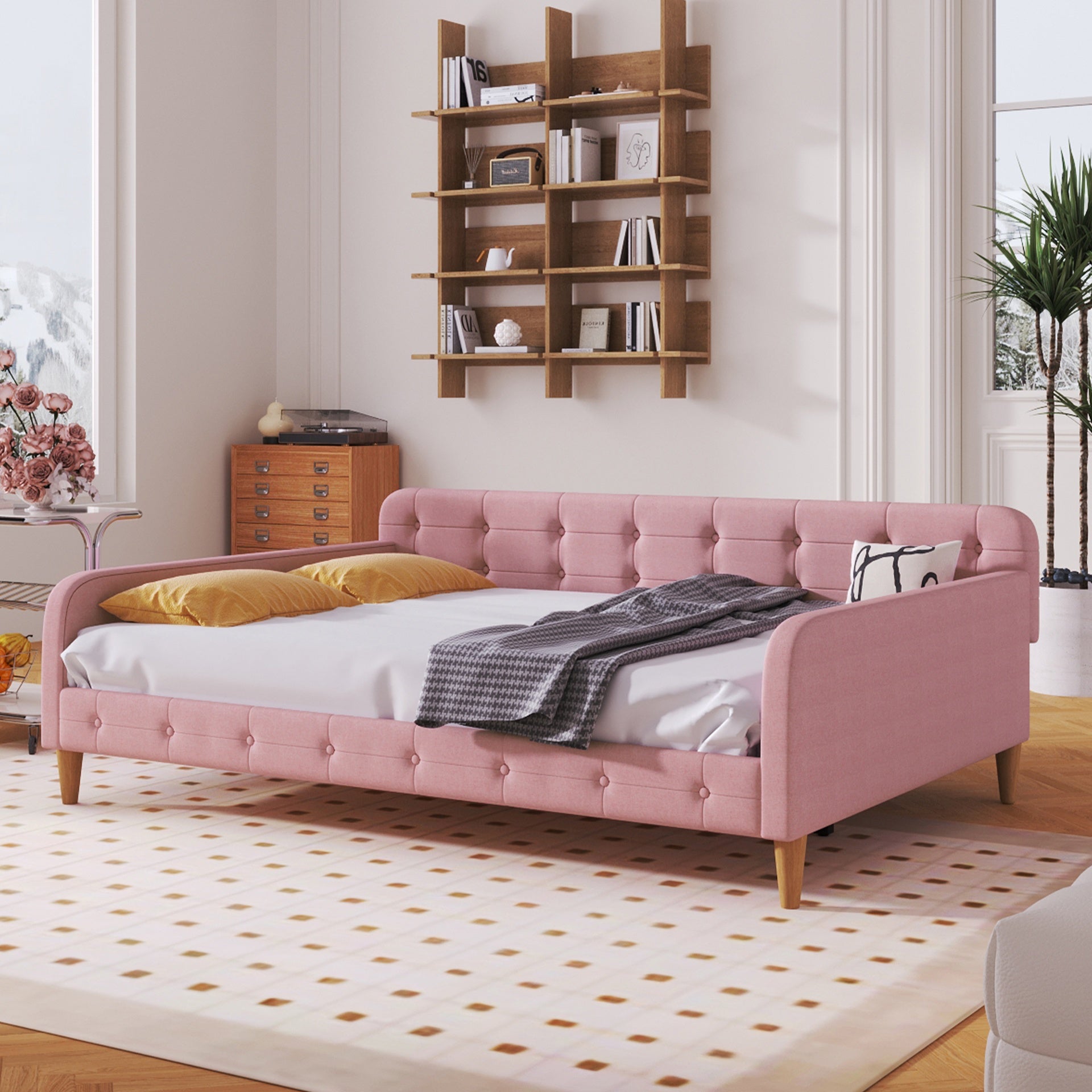 Full Size Upholstered Daybed with 4 Support Legs,Rubine