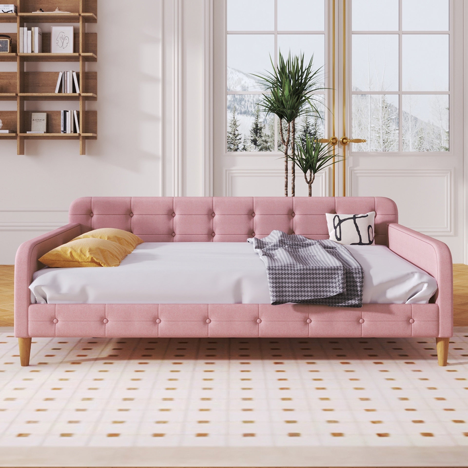 Full Size Upholstered Daybed with 4 Support Legs,Rubine