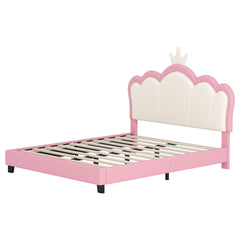Full size Upholstered Princess Bed With Crown Headboard,Full Size Platform Bed with Headboard and Footboard, Cream+Pink(Old SKU:WF303337AAH)