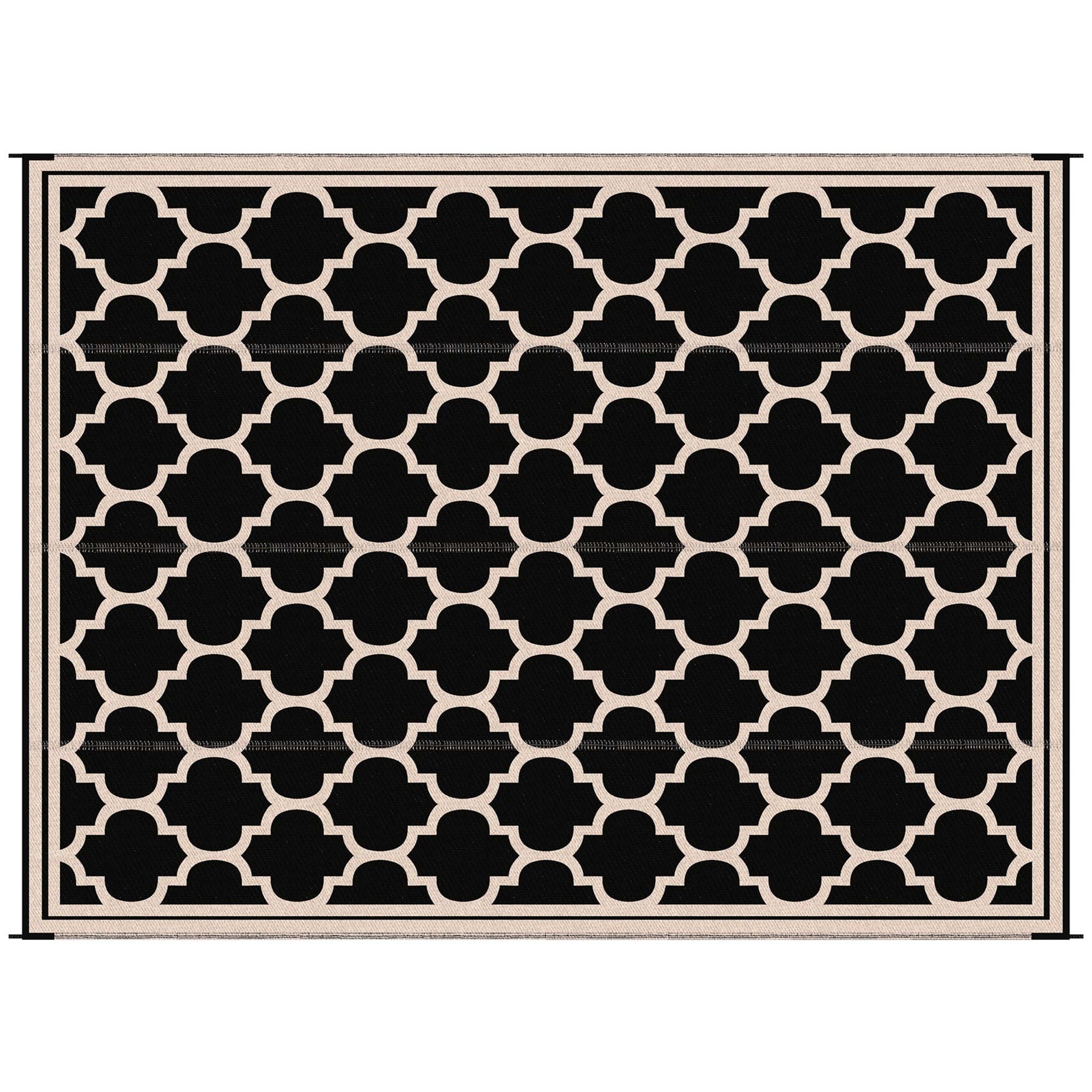 Outsunny Reversible Outdoor Rug Carpet, 9' x 18' Waterproof Plastic Straw Rug, Portable RV Camping Rugs with Carry Bag, Large Floor Mat for Backyard, Deck, Picnic, Beach, Black & Beige