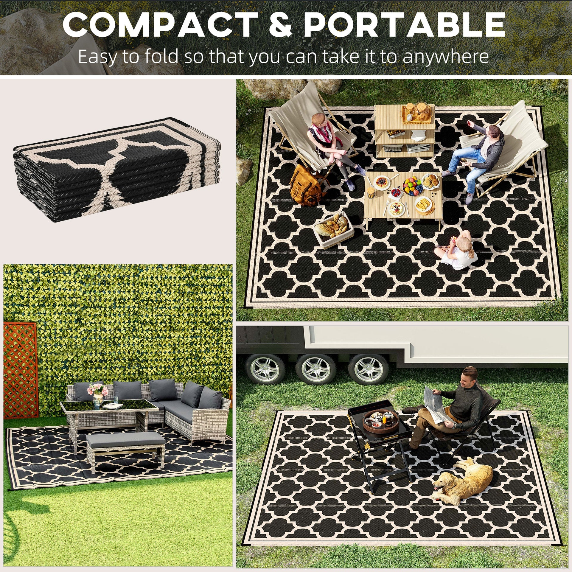 Outsunny Reversible Outdoor Rug Carpet, 9' x 18' Waterproof Plastic Straw Rug, Portable RV Camping Rugs with Carry Bag, Large Floor Mat for Backyard, Deck, Picnic, Beach, Black & Beige