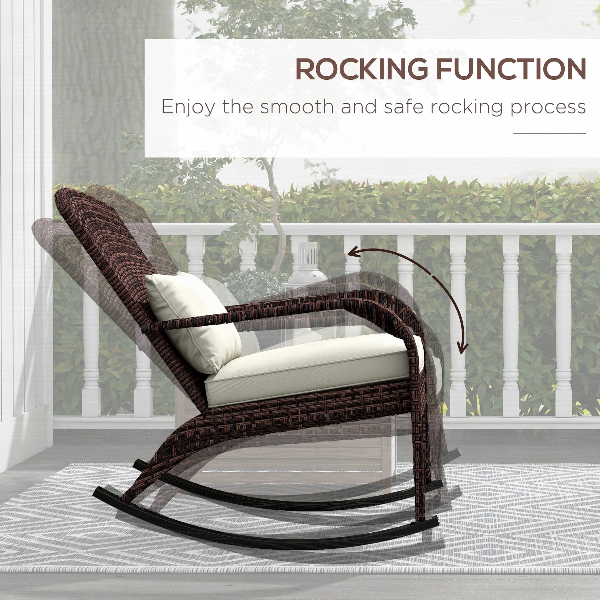 Outsunny Outdoor Wicker Adirondack Rocking Chair, Patio Rattan Rocker Chair with High Back, Seat Cushion, and Pillow for Garden, Porch, Balcony, Cream White