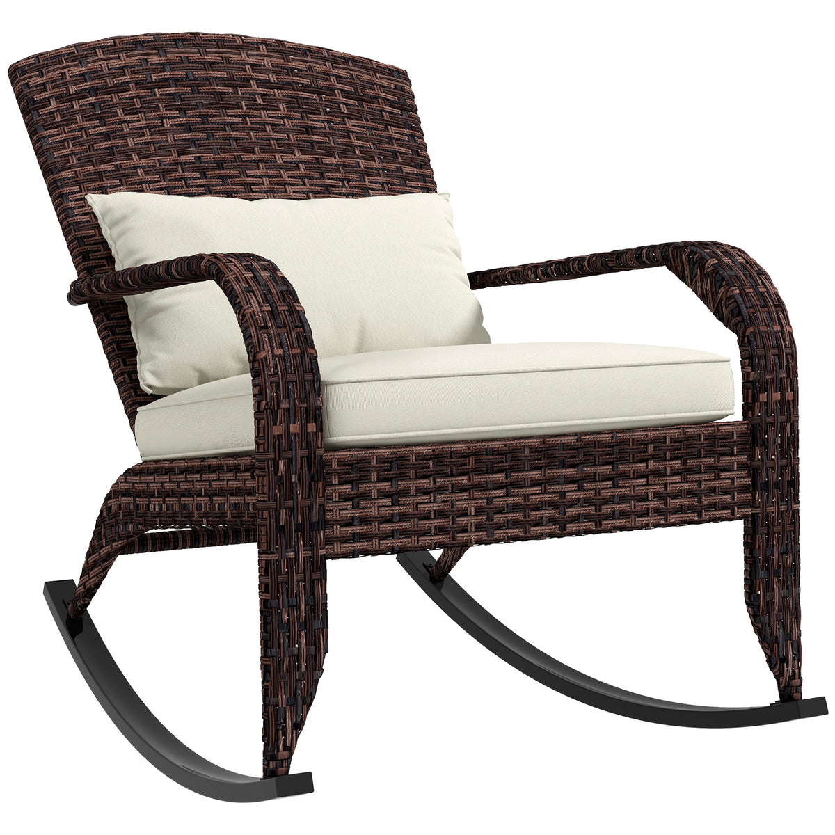 Outsunny Outdoor Wicker Adirondack Rocking Chair, Patio Rattan Rocker Chair with High Back, Seat Cushion, and Pillow for Garden, Porch, Balcony, Cream White