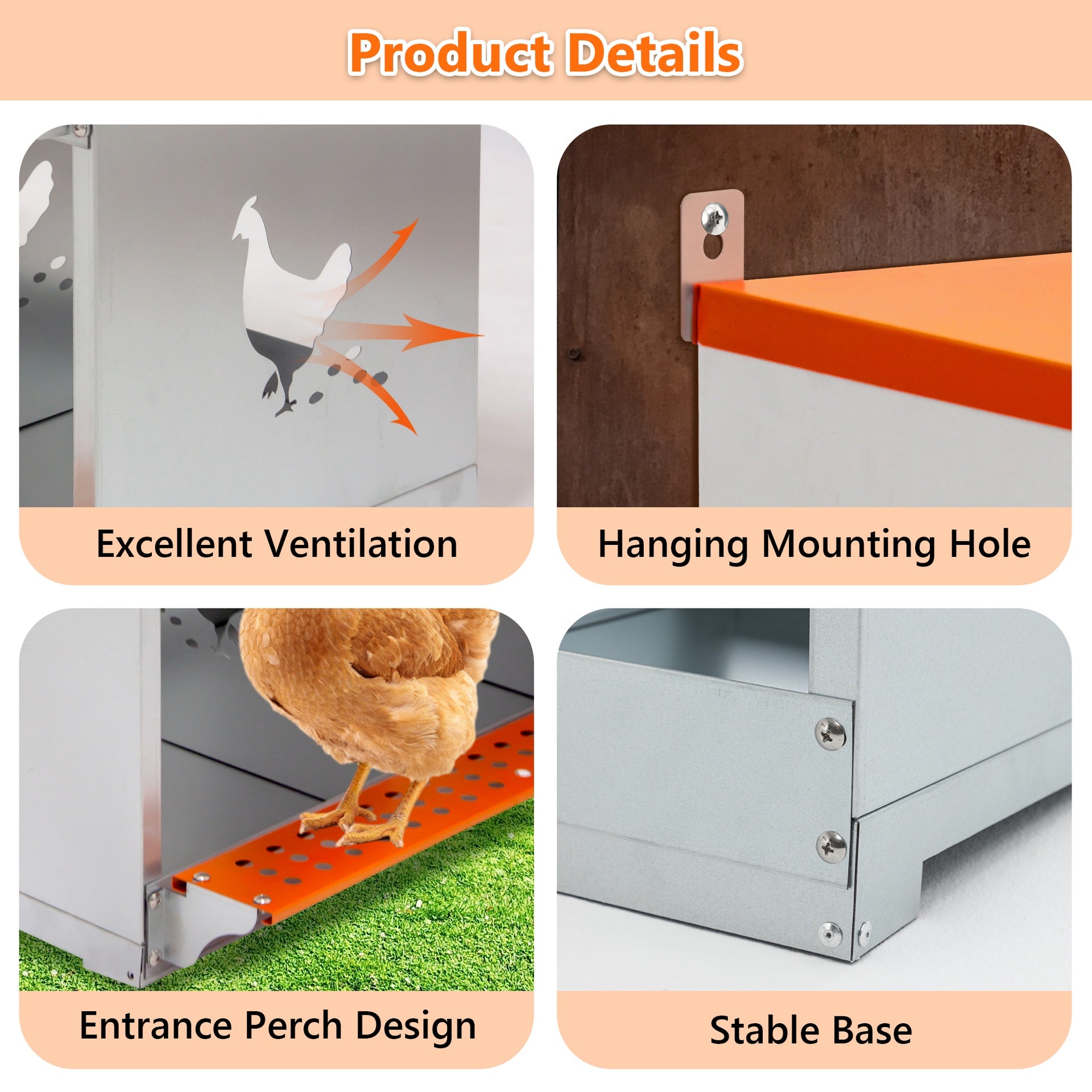 10-Bay Metal Nest Box-Wall Mount for Hens/Ducks, Easy Egg Collection & Assembly, Vented Galvanized Steel Coop Equipment Orange