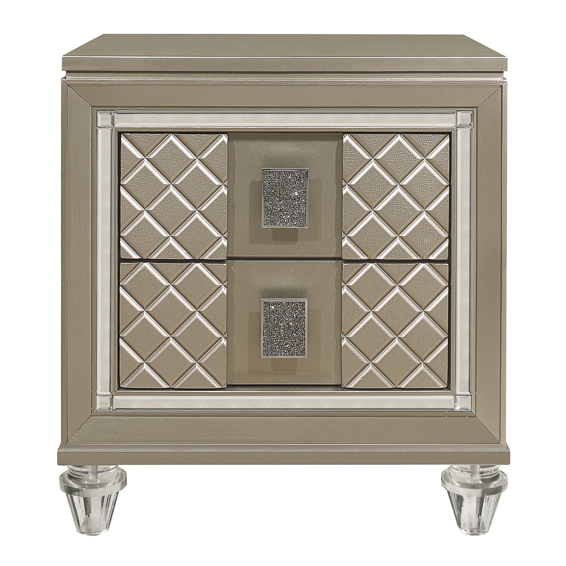 Glamorous Champagne Finish 1pc Nightstand of 2 Drawers Acrylic Feet Bedside Table Luxury Bedroom Furniture Beveled Mirror Trim