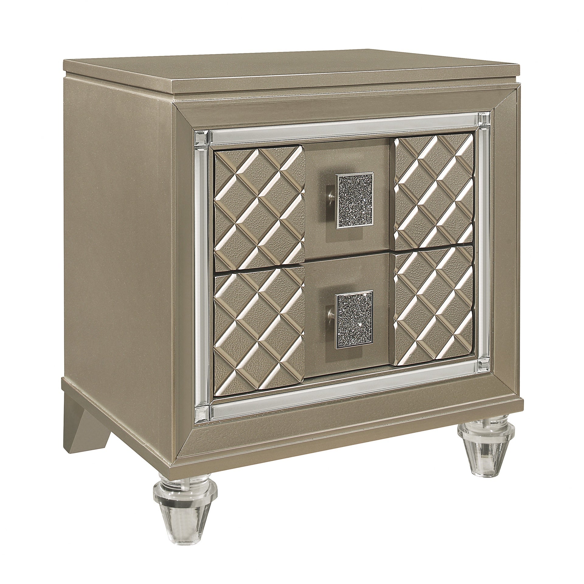 Glamorous Champagne Finish 1pc Nightstand of 2 Drawers Acrylic Feet Bedside Table Luxury Bedroom Furniture Beveled Mirror Trim
