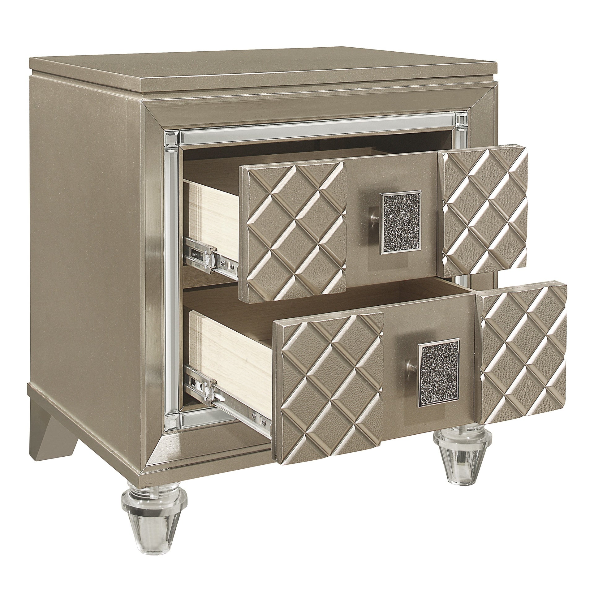Glamorous Champagne Finish 1pc Nightstand of 2 Drawers Acrylic Feet Bedside Table Luxury Bedroom Furniture Beveled Mirror Trim