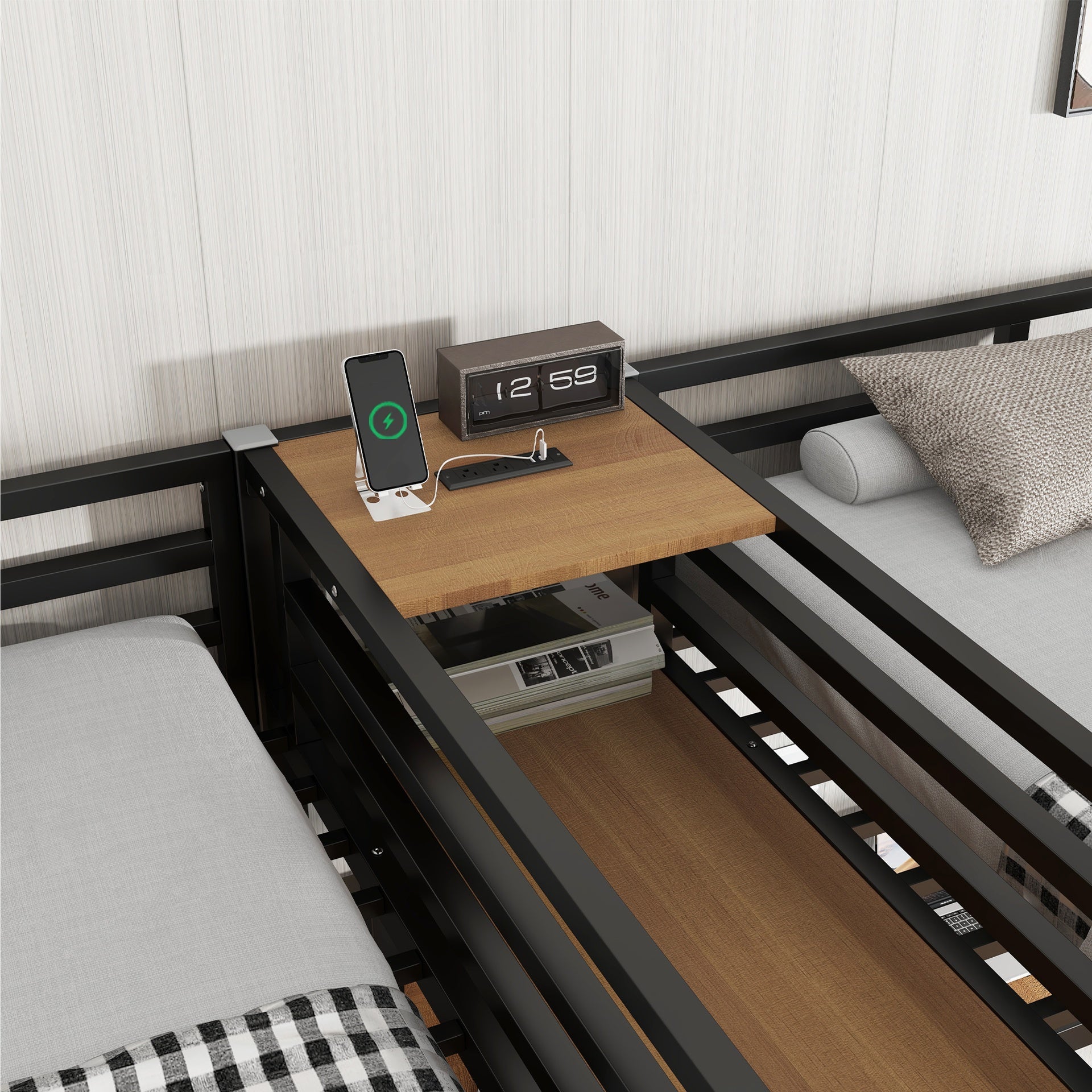 Twin Over Twin Metal Loft Bed with Double Desk and Wardrobe and Shelves with Electrical Outlet for Space Saving and Noise Reduction, woodgrain